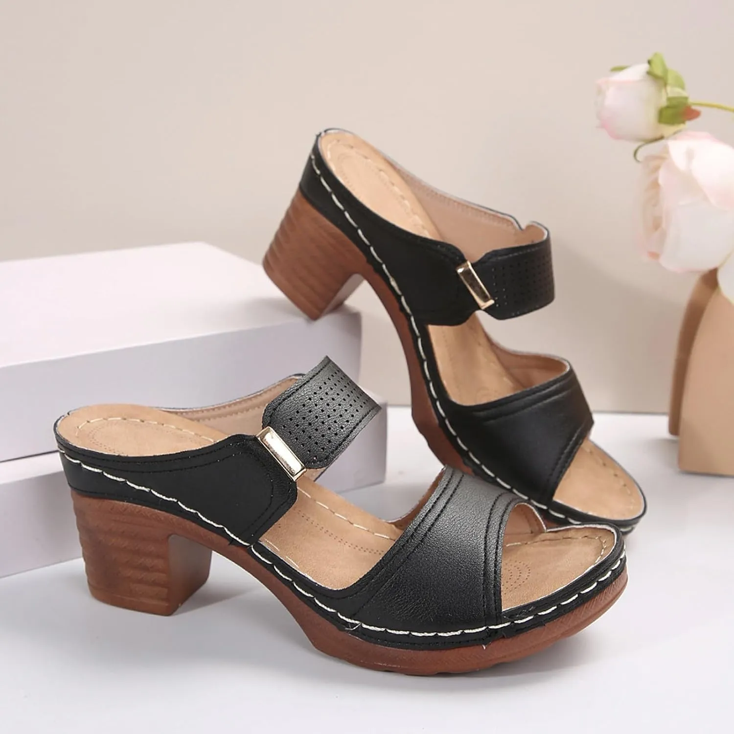 Orthopedic Sandals for Women Chunky Heels Sandals Comfortable Open Toe Dressy Platform Sandal Shoes Summer Slip On Arch Support Shoes Lightweight Casual Open Back Shoe