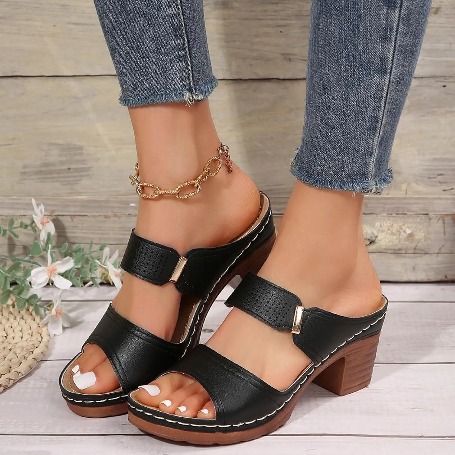 Orthopedic Sandals for Women Chunky Heels Sandals Comfortable Open Toe Dressy Platform Sandal Shoes Summer Slip On Arch Support Shoes Lightweight Casual Open Back Shoe