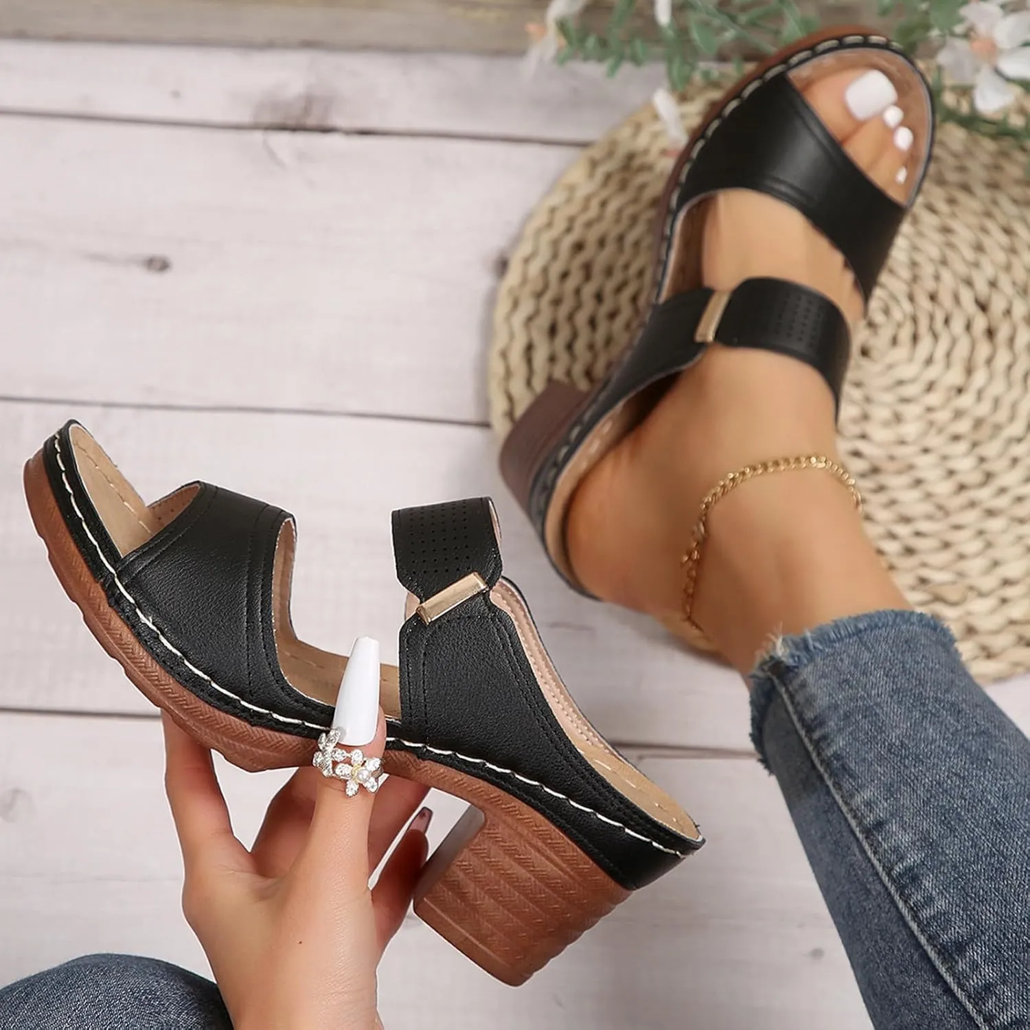 Orthopedic Sandals for Women Chunky Heels Sandals Comfortable Open Toe Dressy Platform Sandal Shoes Summer Slip On Arch Support Shoes Lightweight Casual Open Back Shoe