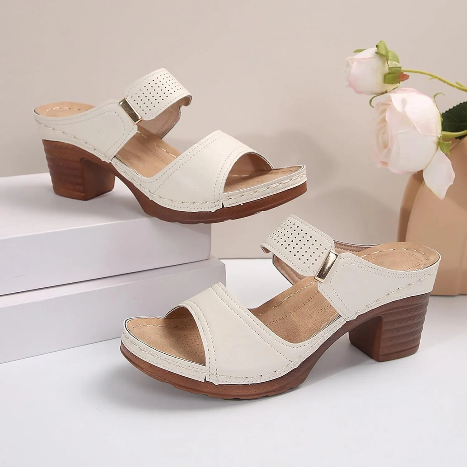Orthopedic Sandals for Women Chunky Heels Sandals Comfortable Open Toe Dressy Platform Sandal Shoes Summer Slip On Arch Support Shoes Lightweight Casual Open Back Shoe