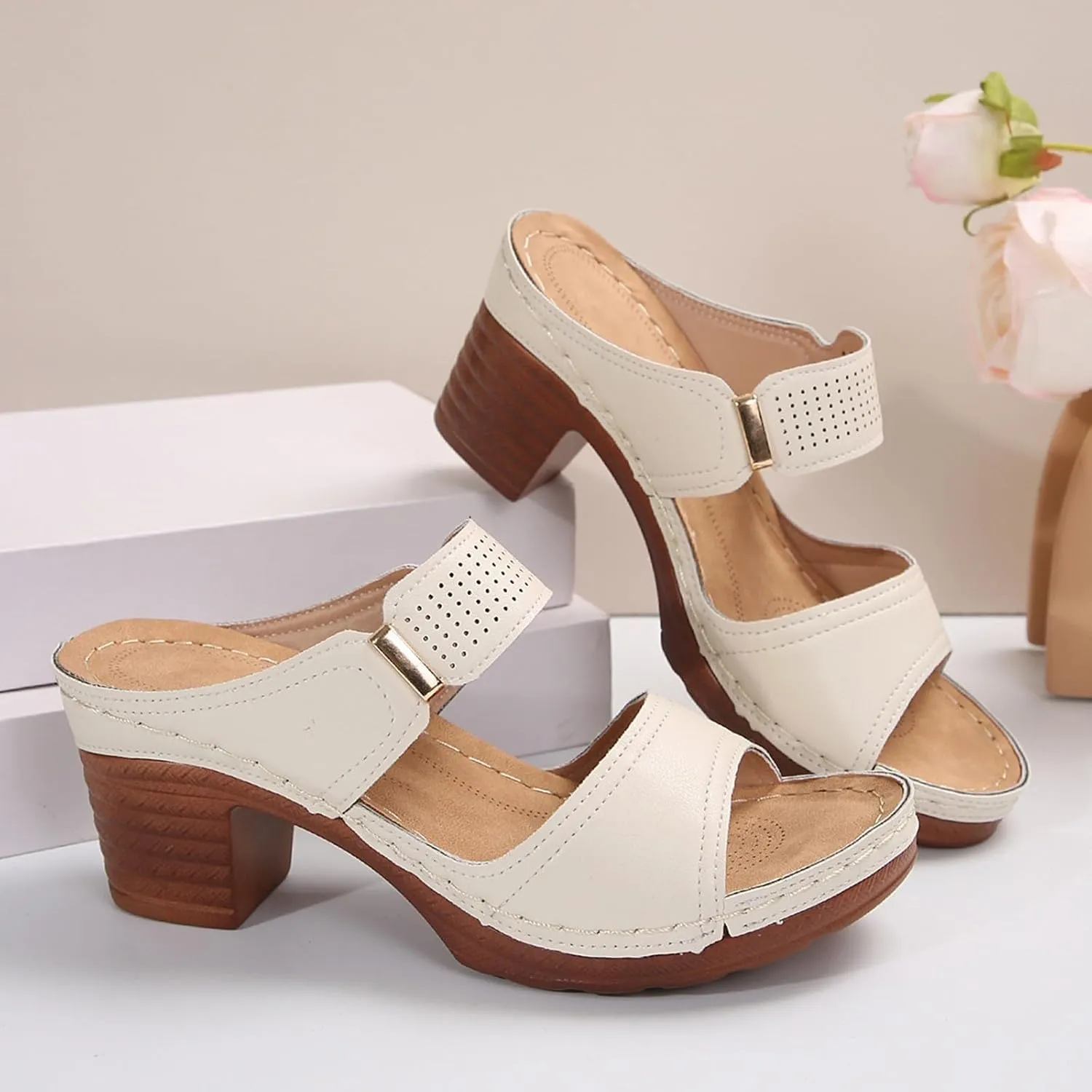 Orthopedic Sandals for Women Chunky Heels Sandals Comfortable Open Toe Dressy Platform Sandal Shoes Summer Slip On Arch Support Shoes Lightweight Casual Open Back Shoe