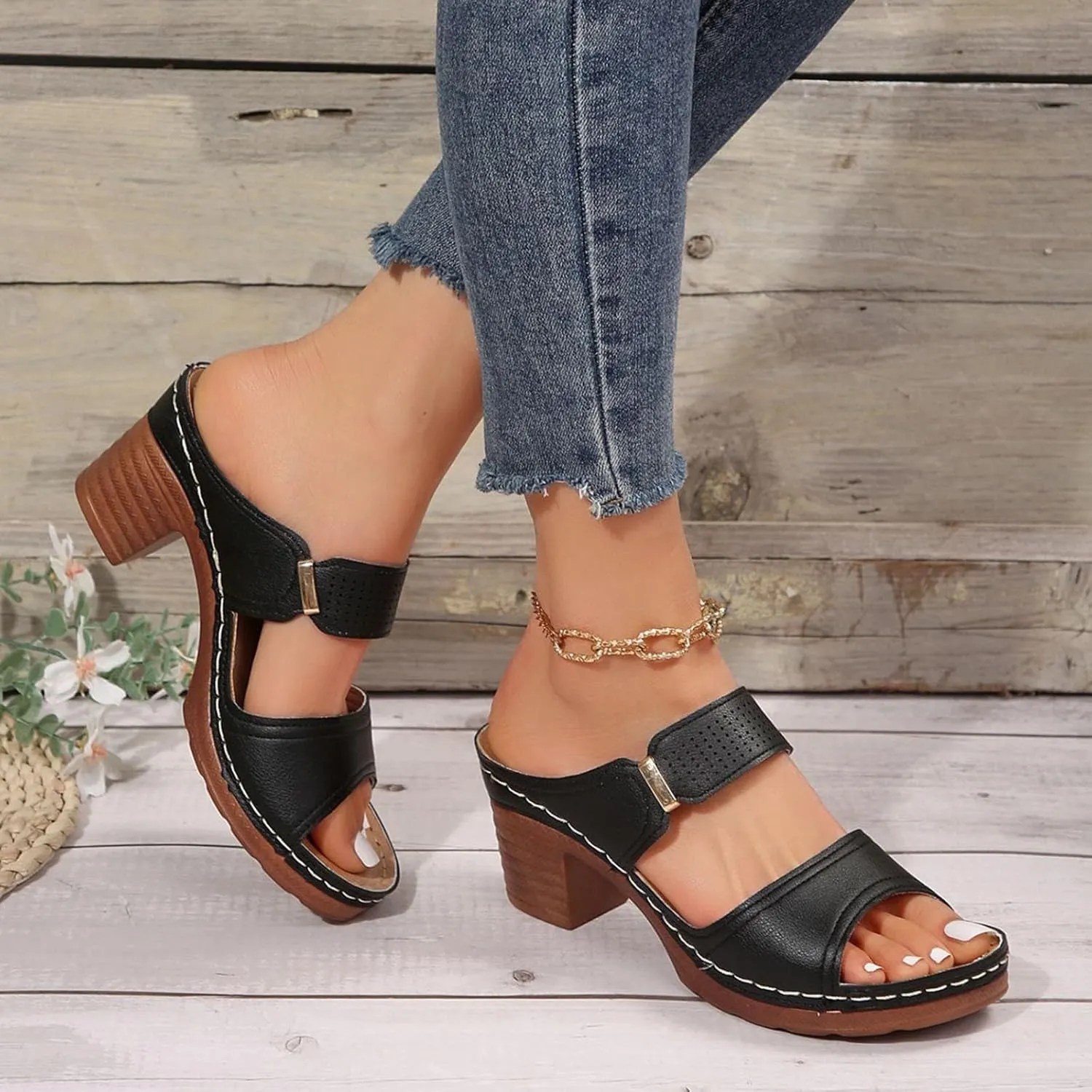 Orthopedic Sandals for Women Chunky Heels Sandals Comfortable Open Toe Dressy Platform Sandal Shoes Summer Slip On Arch Support Shoes Lightweight Casual Open Back Shoe