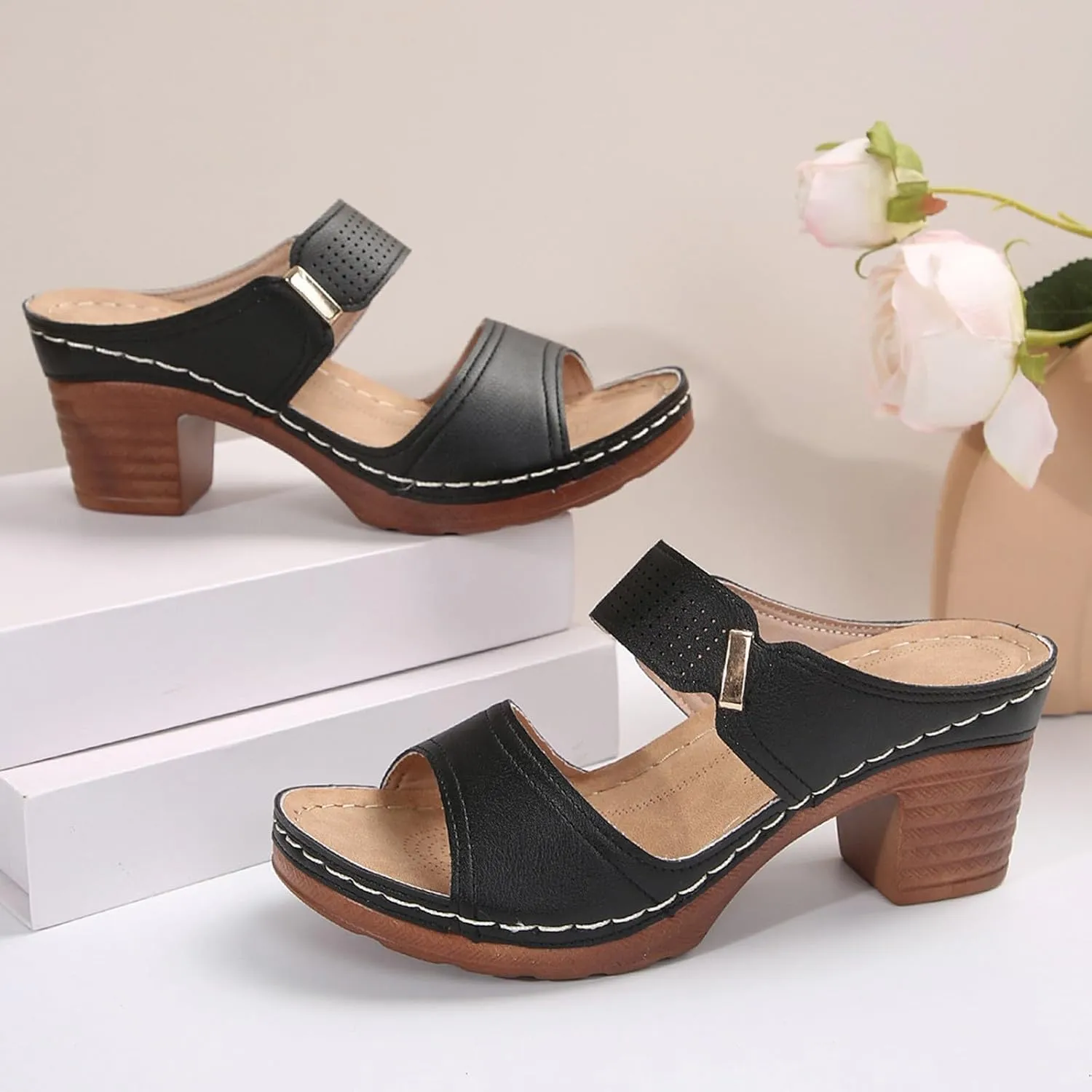 Orthopedic Sandals for Women Chunky Heels Sandals Comfortable Open Toe Dressy Platform Sandal Shoes Summer Slip On Arch Support Shoes Lightweight Casual Open Back Shoe