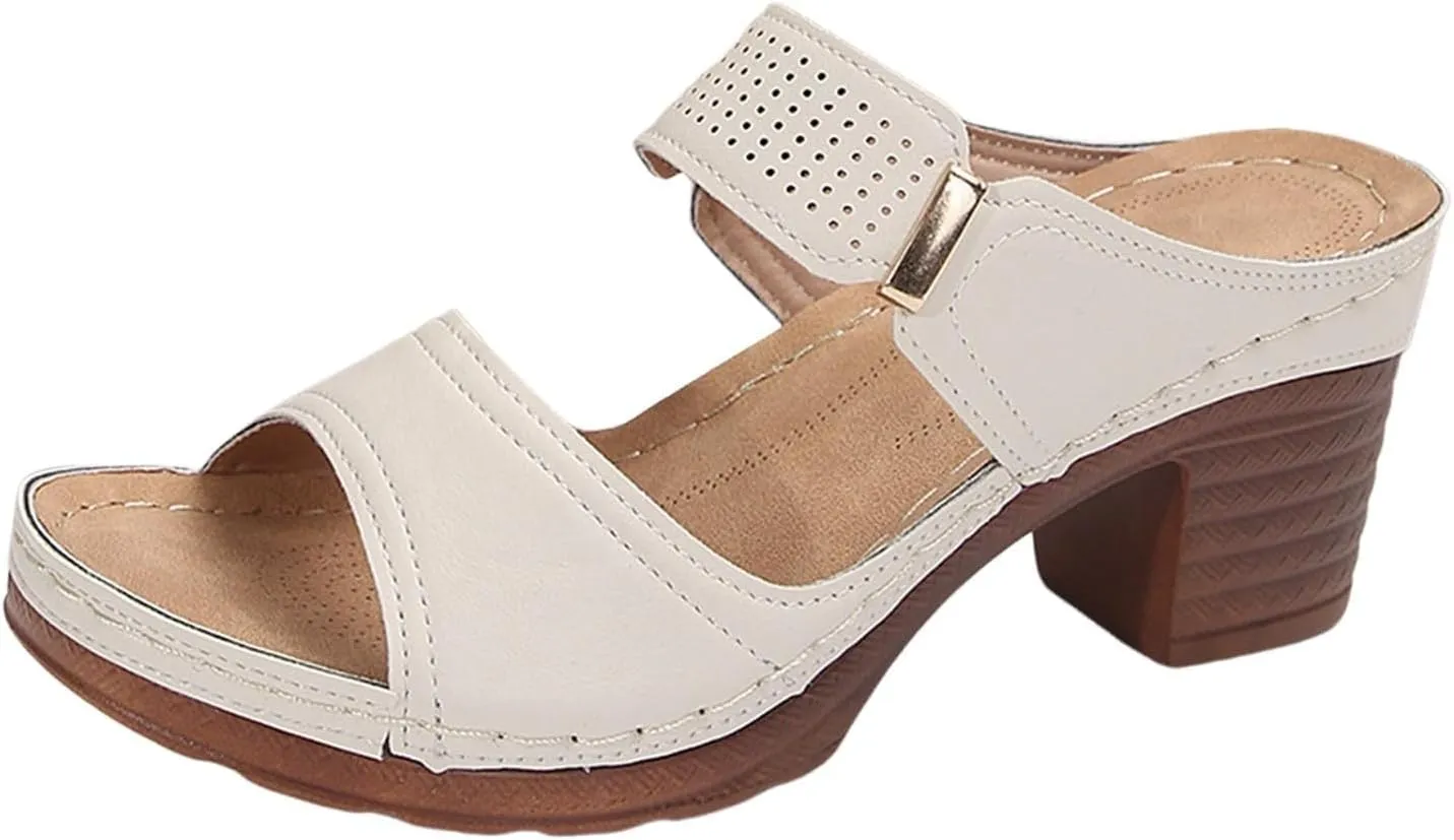 Orthopedic Sandals for Women Chunky Heels Sandals Comfortable Open Toe Dressy Platform Sandal Shoes Summer Slip On Arch Support Shoes Lightweight Casual Open Back Shoe