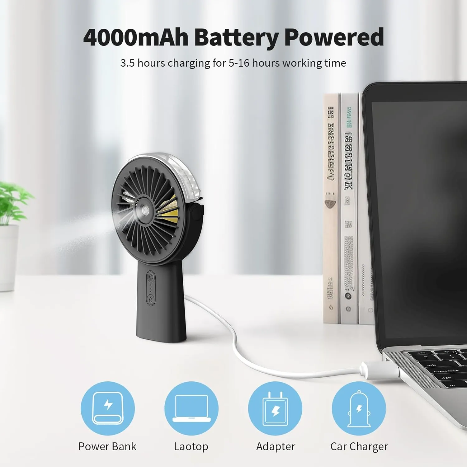 Otlonpe Handheld Misting Fan Portable, 4000mAh Rechargeable Small Personal Water Spray Hand Held Mist Fan Battery Operated, 90° Rotatable, Power Bank for Travel Home Office Men Women Kids (Black)