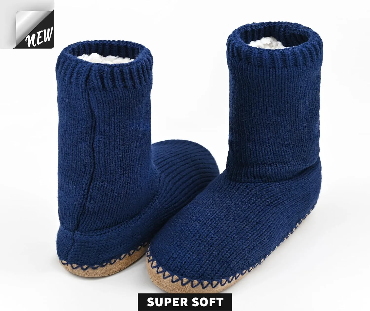 Panda Bros Cozy Boot Slippers for Men Indoor, Fuzzy House Shoes with Non Slip Gripper Soles, Winter Knitted Non-Skid Home Warm Floor Socks