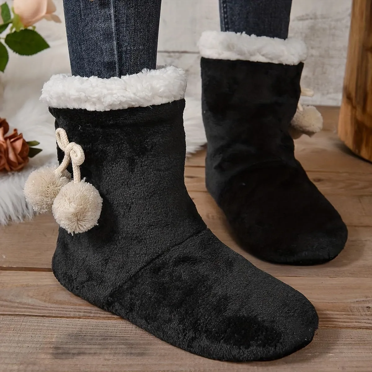 PENINSULA LOVE Women Soft Fleece Boot Slippers Fuzzy Warm Indoor House Slippers Plush Lining Non-slip Bootie with Pom Poms