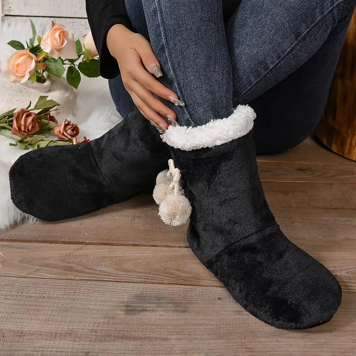PENINSULA LOVE Women Soft Fleece Boot Slippers Fuzzy Warm Indoor House Slippers Plush Lining Non-slip Bootie with Pom Poms
