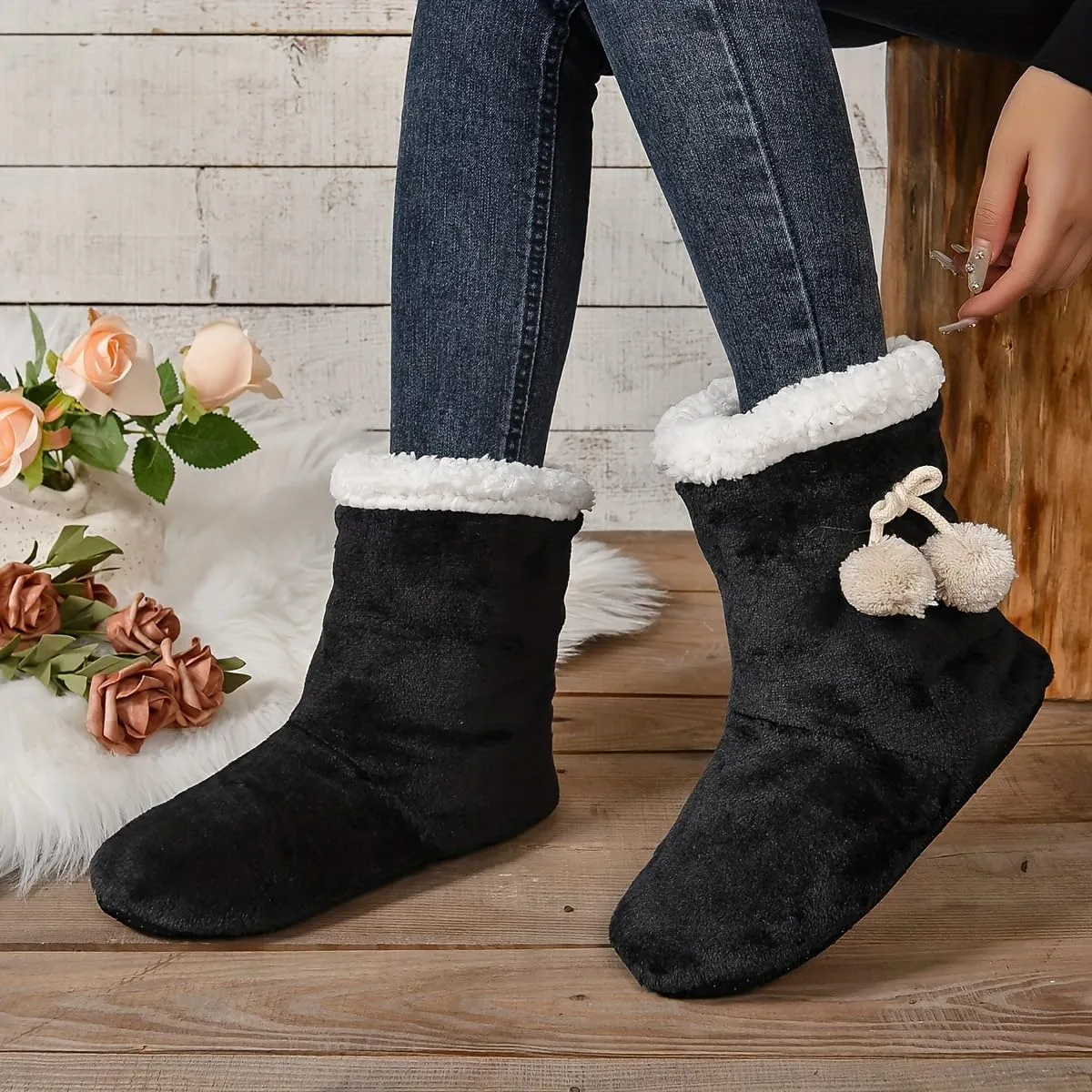 PENINSULA LOVE Women Soft Fleece Boot Slippers Fuzzy Warm Indoor House Slippers Plush Lining Non-slip Bootie with Pom Poms