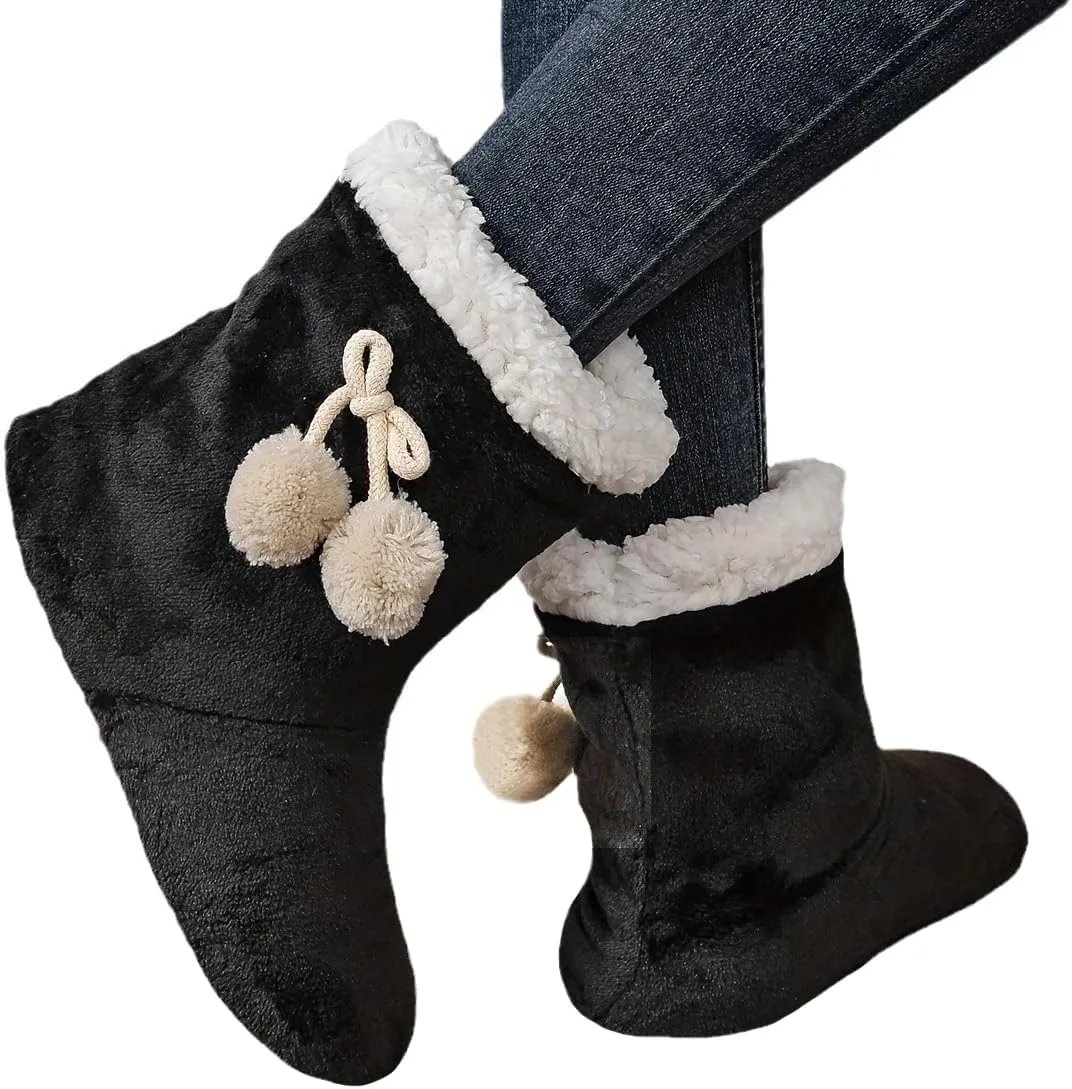 PENINSULA LOVE Women Soft Fleece Boot Slippers Fuzzy Warm Indoor House Slippers Plush Lining Non-slip Bootie with Pom Poms