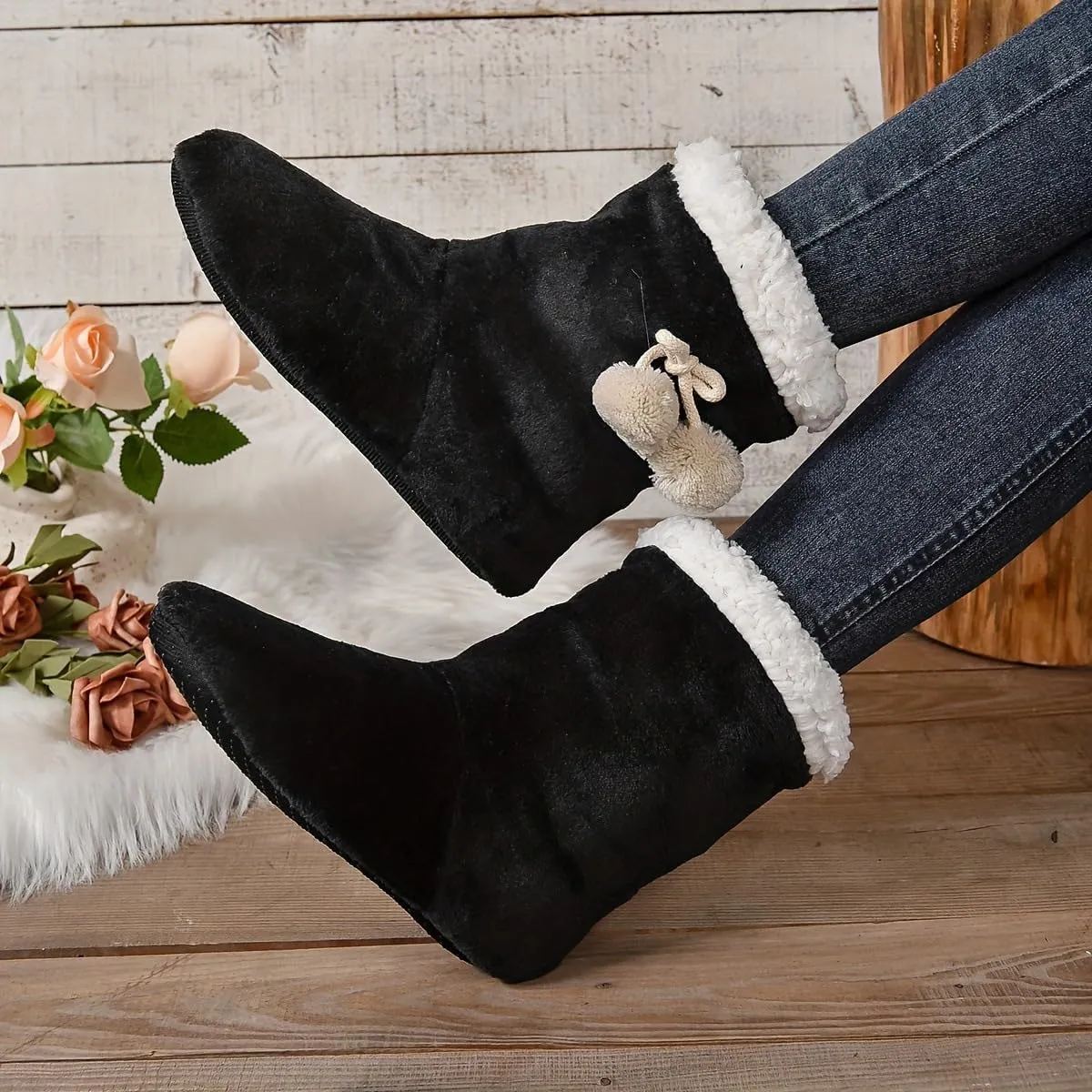 PENINSULA LOVE Women Soft Fleece Boot Slippers Fuzzy Warm Indoor House Slippers Plush Lining Non-slip Bootie with Pom Poms