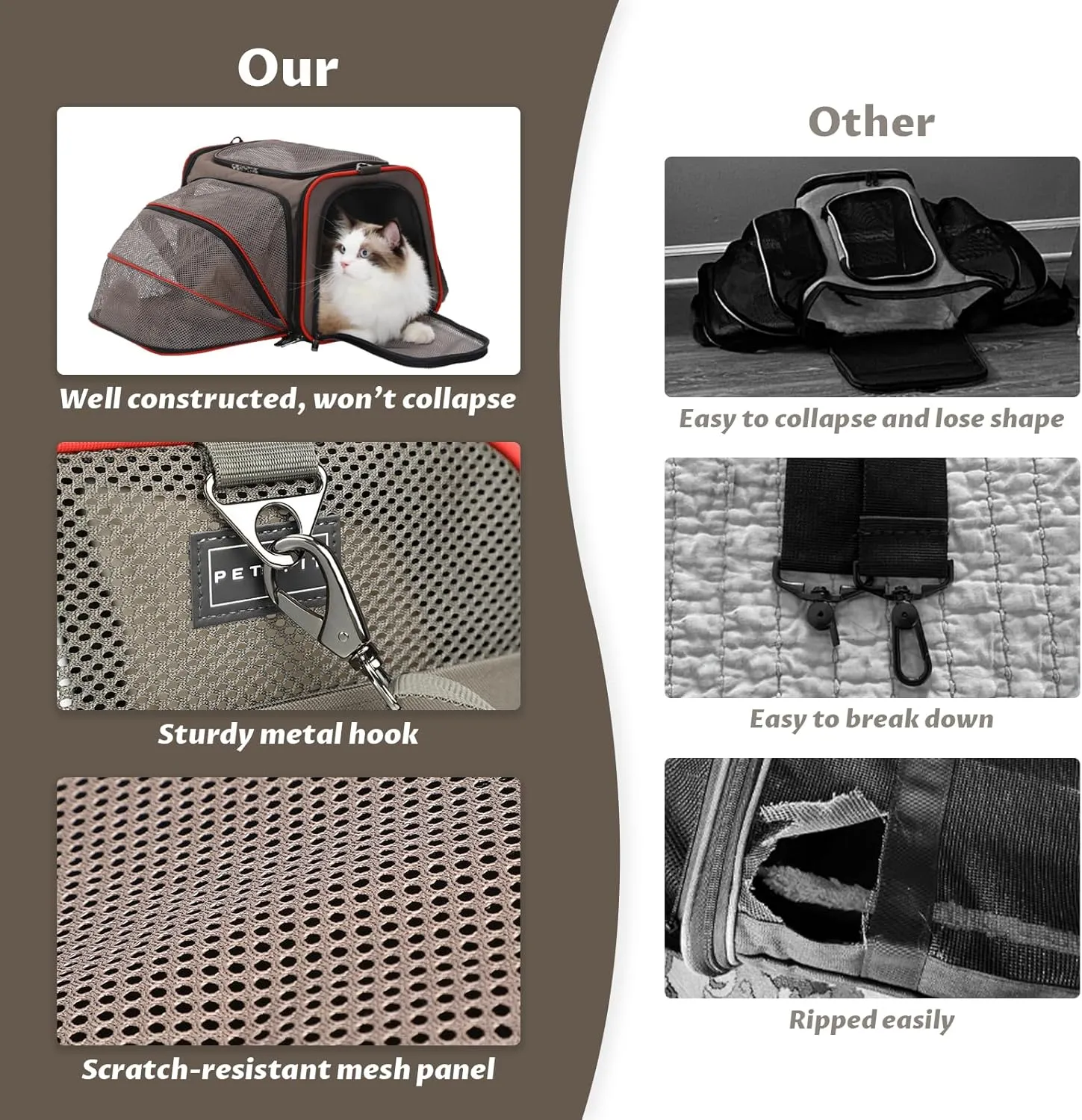 Petsfit Expandable Cat Carrier Dog Carriers,Airline Approved Soft-Sided Portable Pet Travel Washable Carrier for Kittens,Puppies,Removable Soft Plush mat and Pockets,Locking Safety Zippers