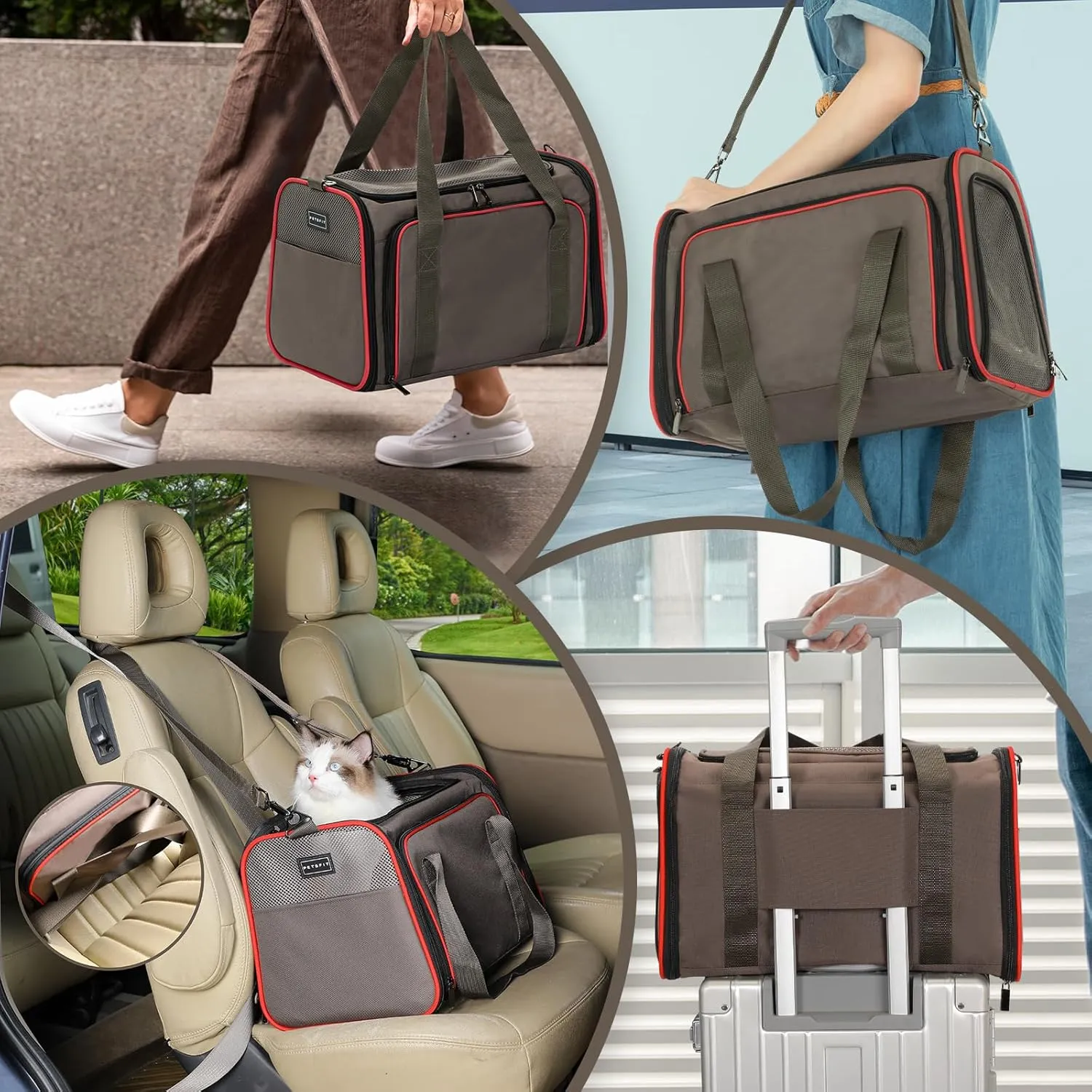 Petsfit Expandable Cat Carrier Dog Carriers,Airline Approved Soft-Sided Portable Pet Travel Washable Carrier for Kittens,Puppies,Removable Soft Plush mat and Pockets,Locking Safety Zippers