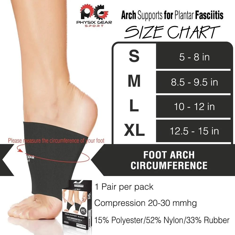 Physix Gear Arch Support Bands for Foot discomfort comfort - Arch comfort Compression Bands, Arch Support Band for Plantar Fasciitis, Arch Compression Support, Arch Sleeves, Foot Arch, Black, S