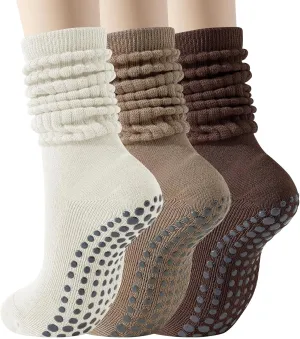 Pilates Socks with Grips for Women, 3 Pairs Long Scrunch Non Slip Yoga Barre Hospital Slouch Socks