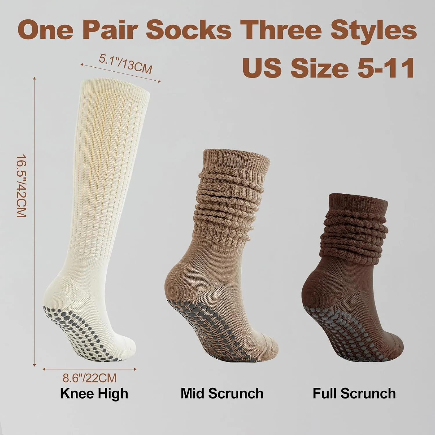 Pilates Socks with Grips for Women, 3 Pairs Long Scrunch Non Slip Yoga Barre Hospital Slouch Socks