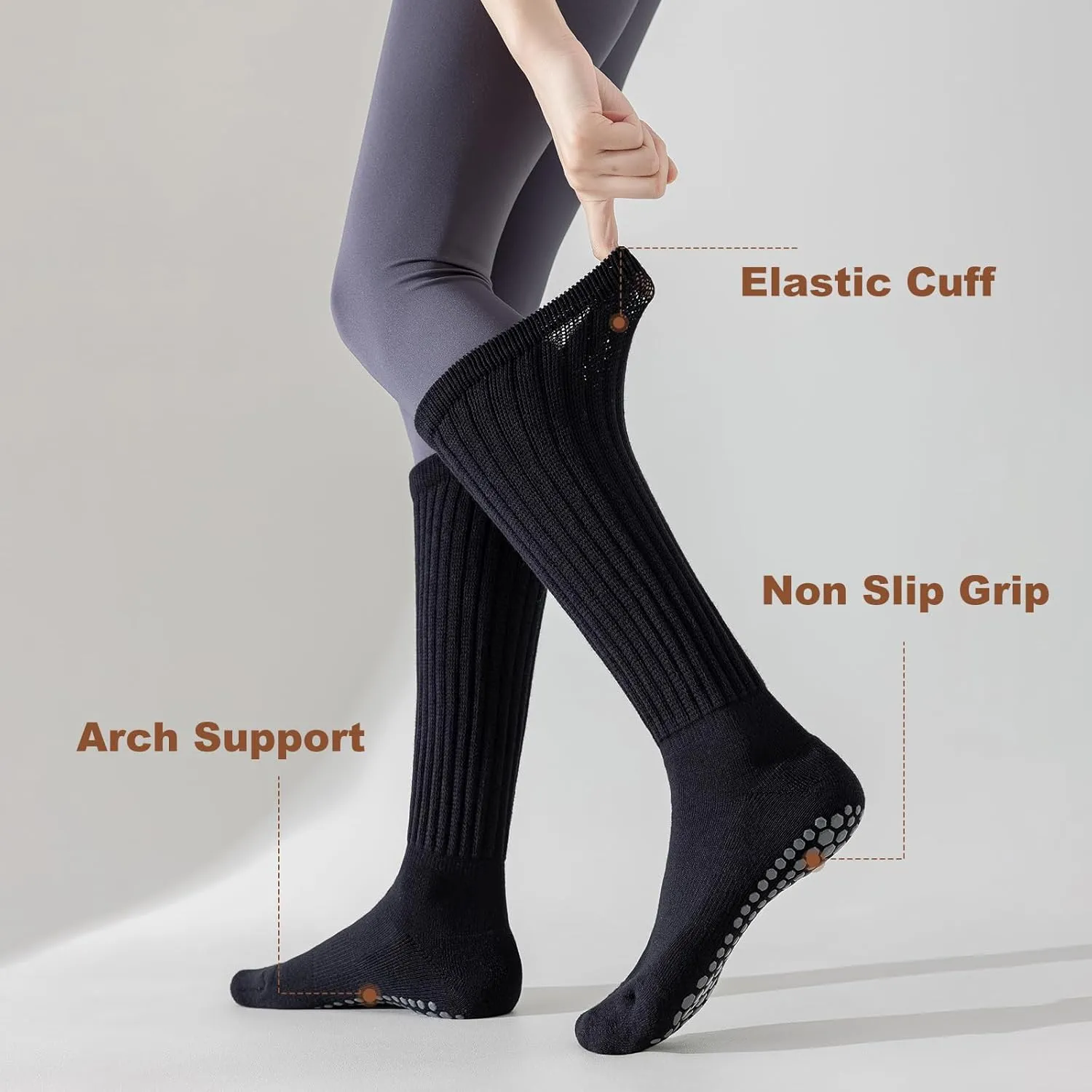 Pilates Socks with Grips for Women, 3 Pairs Long Scrunch Non Slip Yoga Barre Hospital Slouch Socks