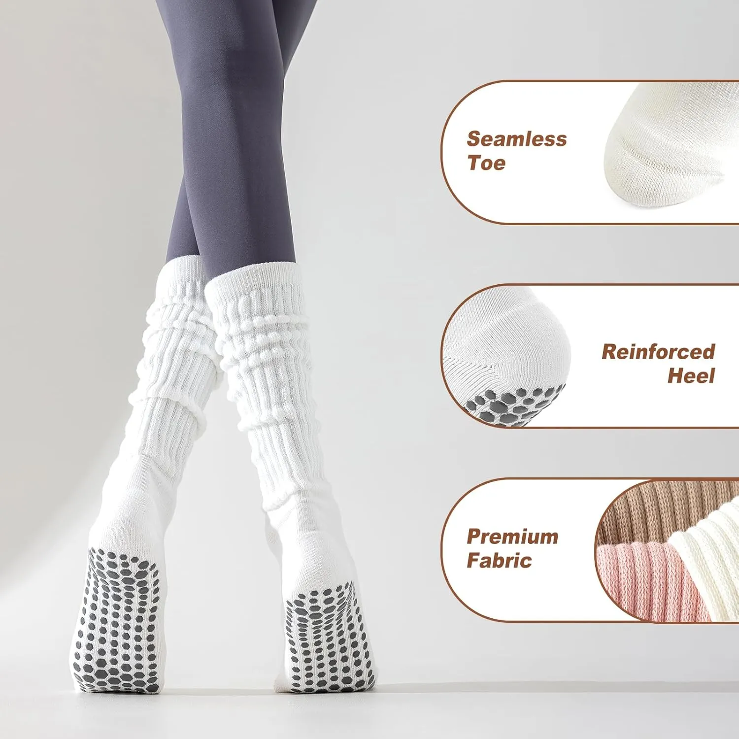 Pilates Socks with Grips for Women, 3 Pairs Long Scrunch Non Slip Yoga Barre Hospital Slouch Socks