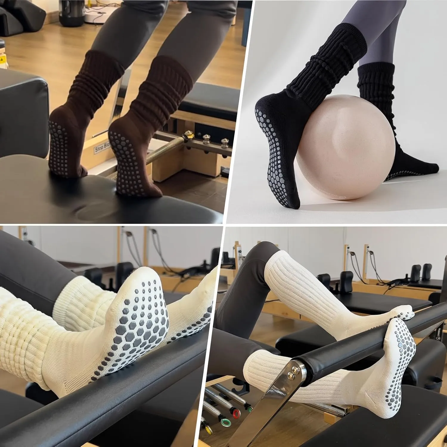 Pilates Socks with Grips for Women, 3 Pairs Long Scrunch Non Slip Yoga Barre Hospital Slouch Socks