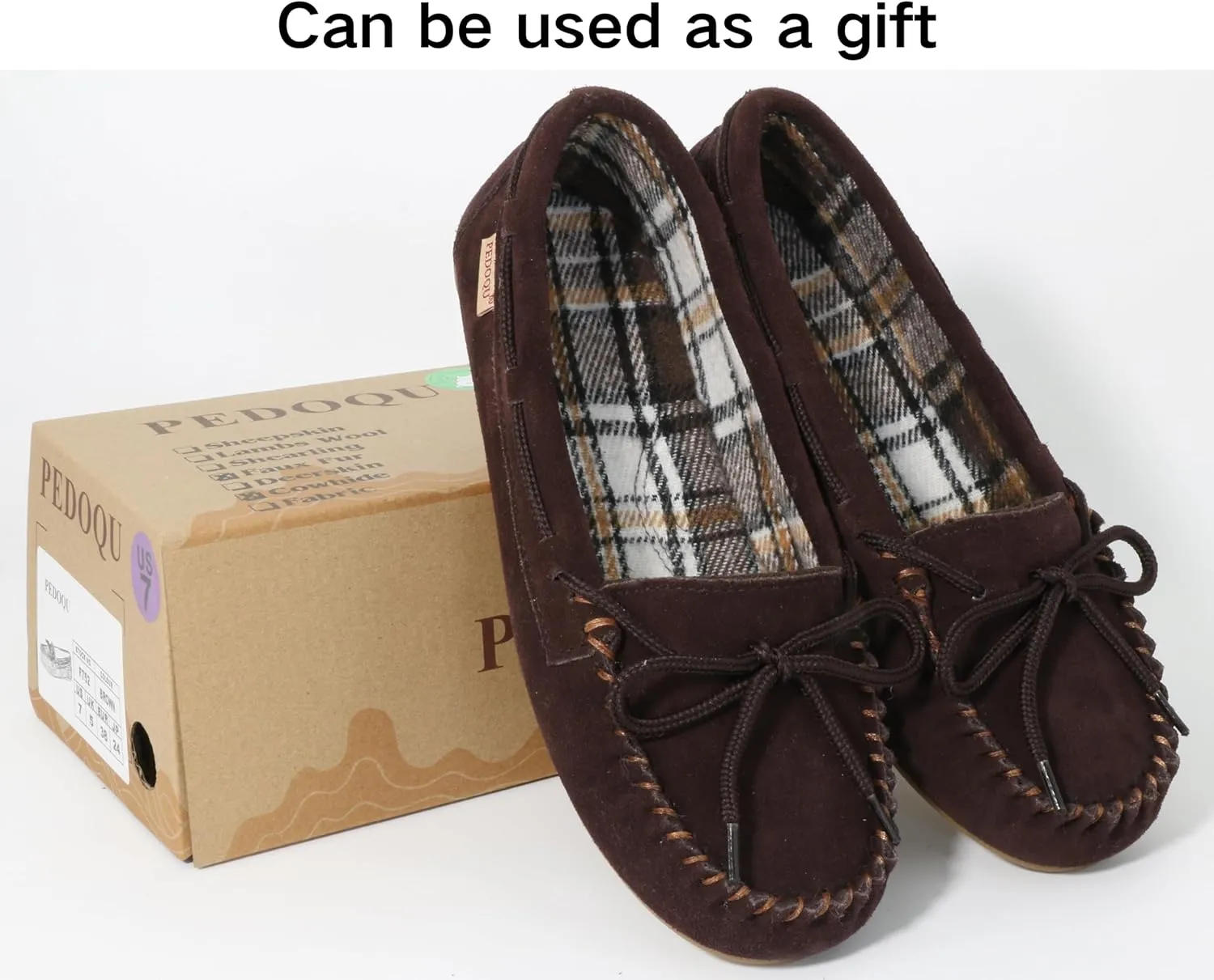 Plaid Lined Hardsole - Moccasin Slippers for Womens Made with Suede Upper, Rubber Sole, Textile Lace, and Traditional Moccasin Design