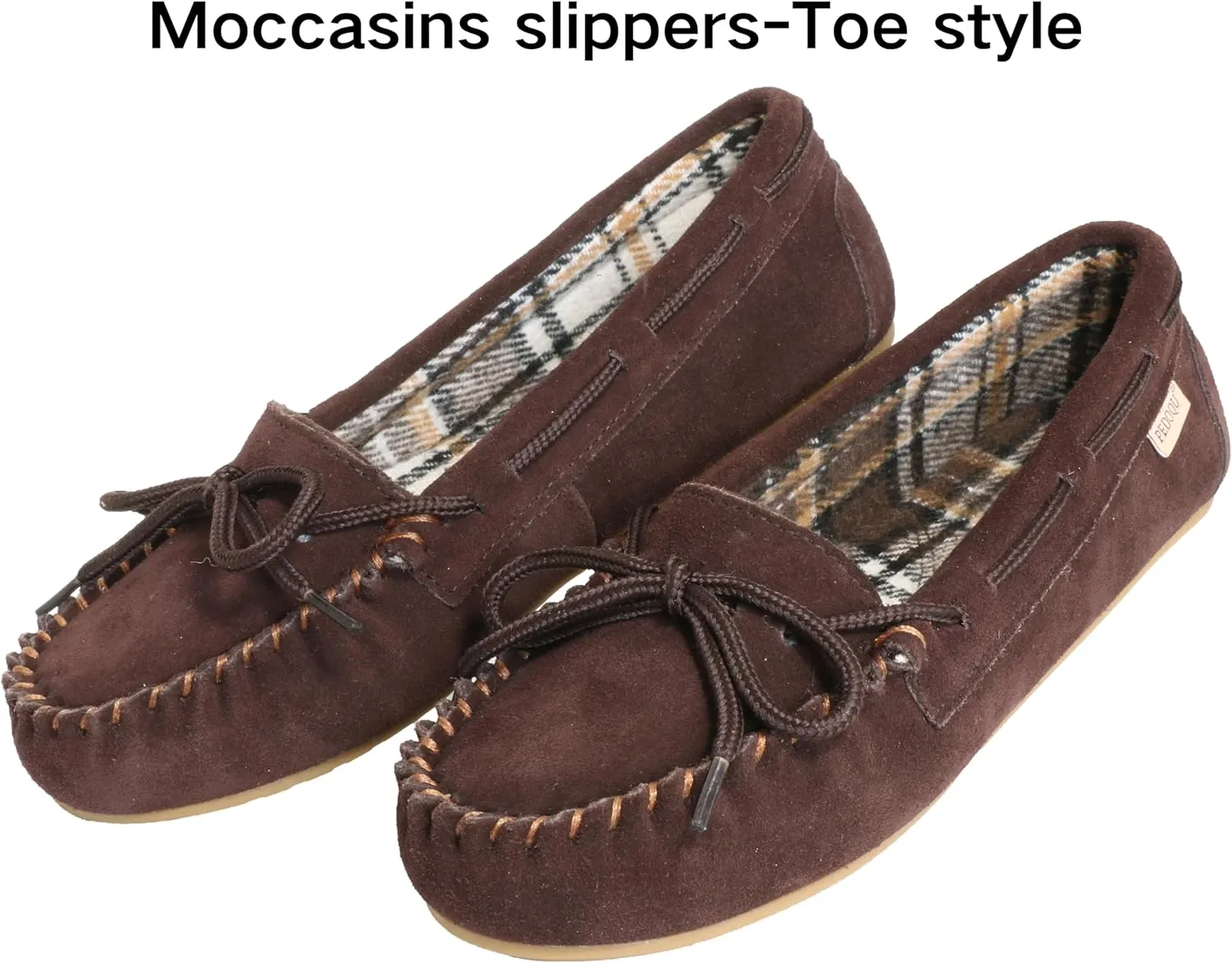 Plaid Lined Hardsole - Moccasin Slippers for Womens Made with Suede Upper, Rubber Sole, Textile Lace, and Traditional Moccasin Design
