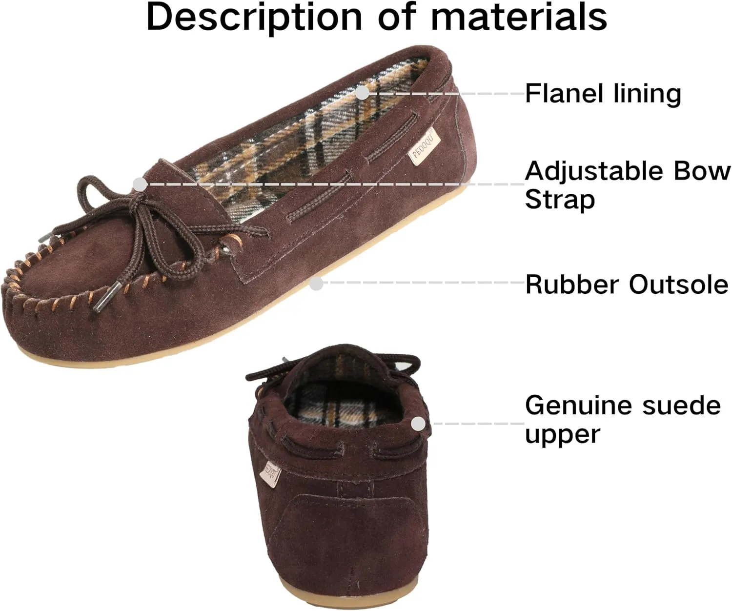 Plaid Lined Hardsole - Moccasin Slippers for Womens Made with Suede Upper, Rubber Sole, Textile Lace, and Traditional Moccasin Design