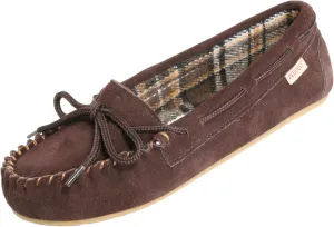 Plaid Lined Hardsole - Moccasin Slippers for Womens Made with Suede Upper, Rubber Sole, Textile Lace, and Traditional Moccasin Design