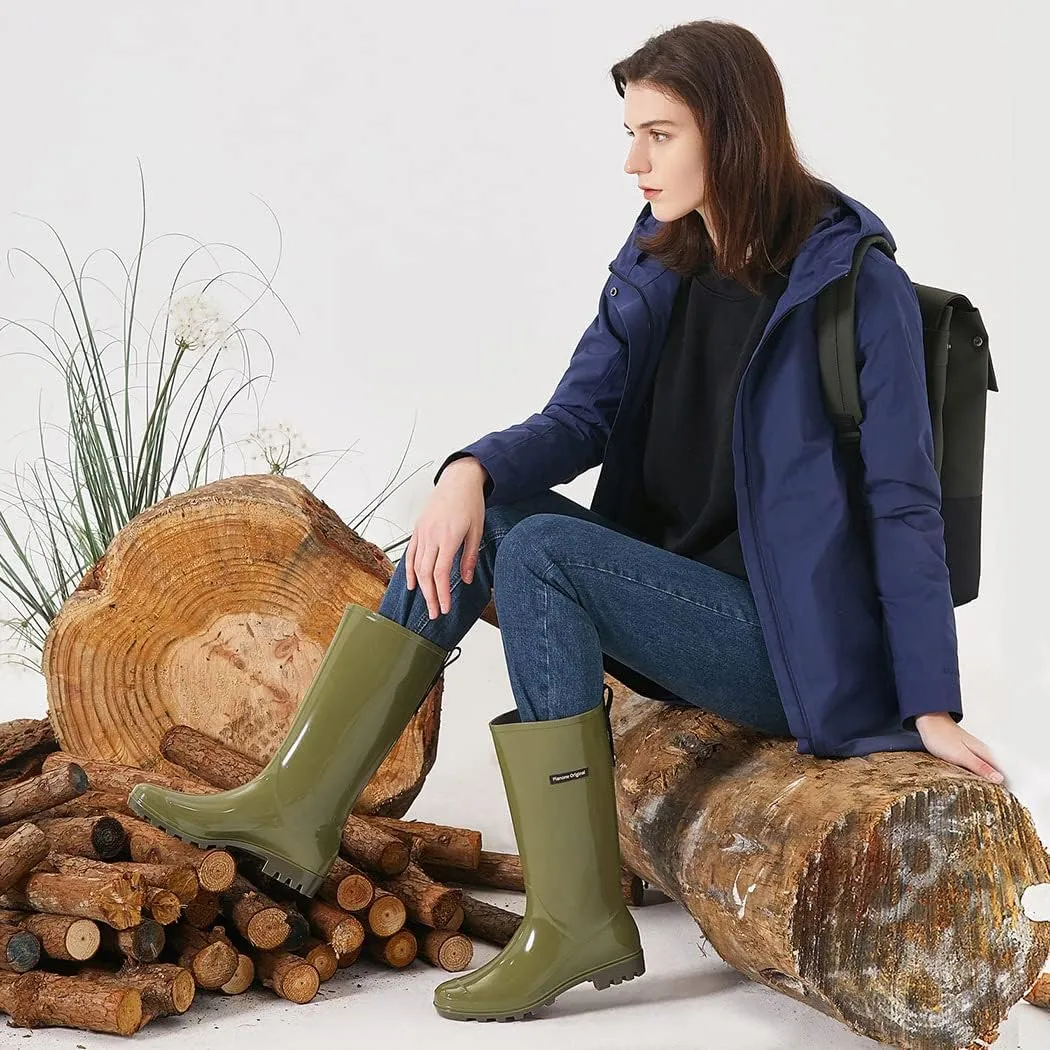 planone Tall Rain Boots Women Fashion Waterproof Boots for Women Light Outdoor Garden Shoes Muck Boots for Ladies Non Slip Work Shoes Rubber Boots with Premium Comfort Insole