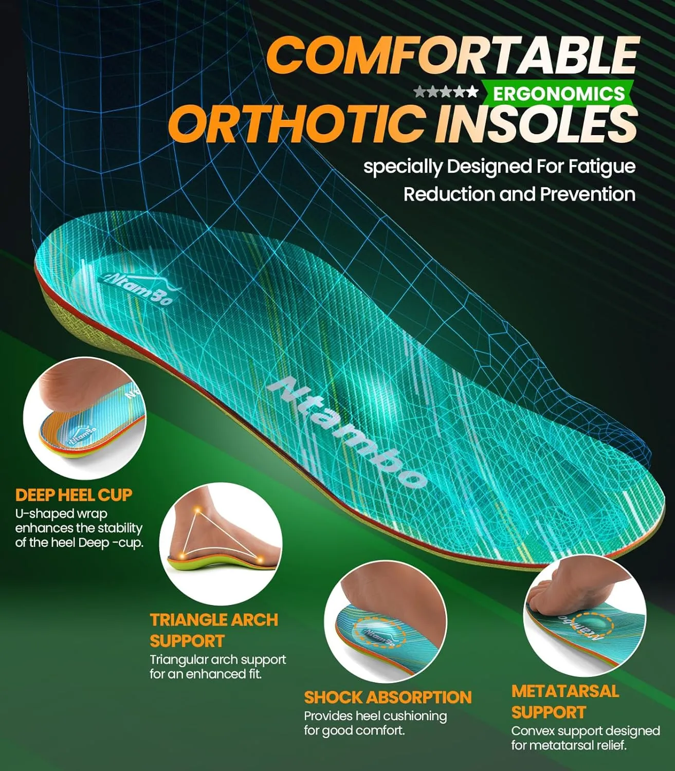 Plantar Fasciitis Arch Support Insoles, Heavy Duty Support (220 lbs) Orthotic Inserts for Flat Feet/Feet Pain Relief/Pronation, Shock Absorption Shoes Insoles for Men & Women Standing,M
