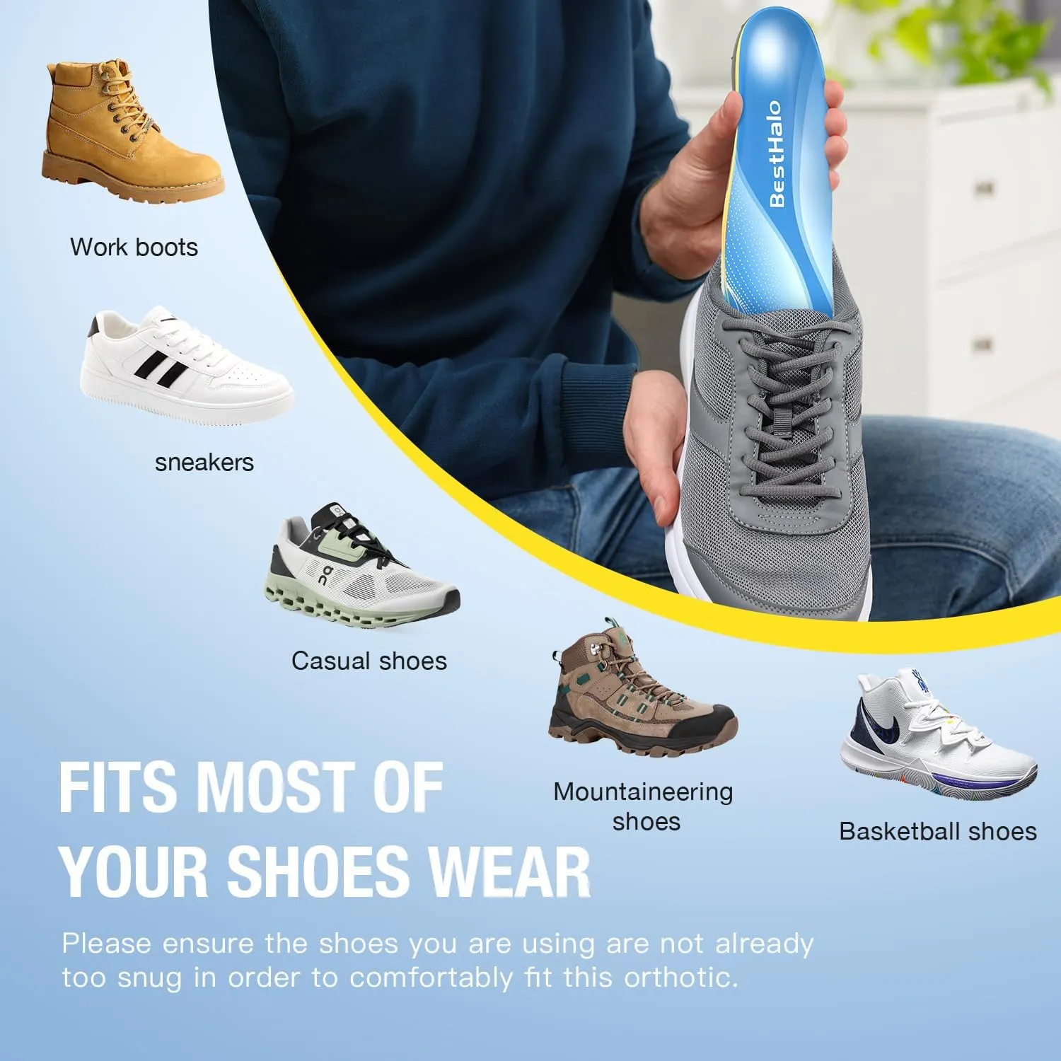 Plantar Fasciitis Insoles - High Arch Support Inserts, Gel Cushion, Relief for Flat Feet - 220  lbs Orthotics Insoles Ideal for Work Boots (Blue, Men 11-12.5 | Women 12-13.5)