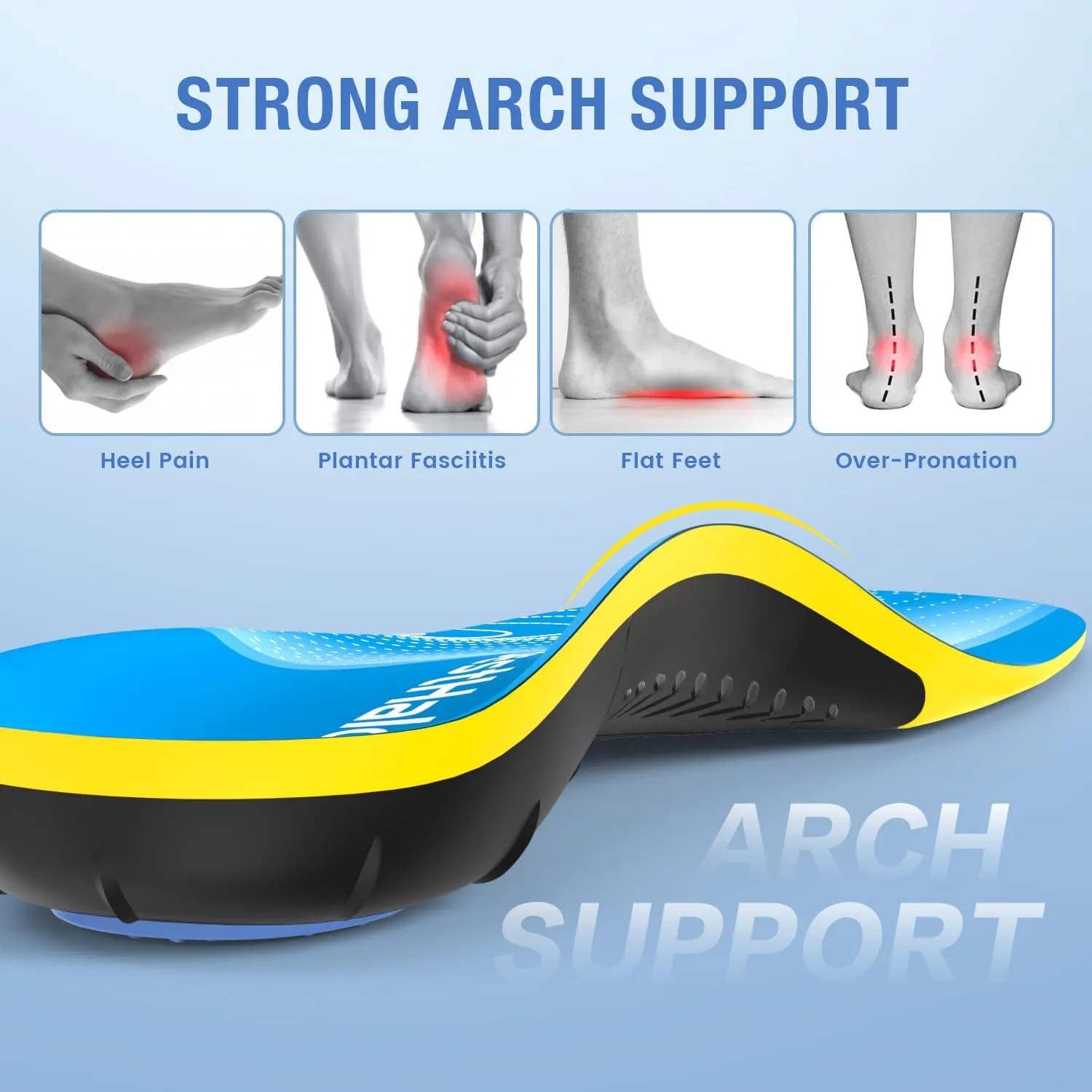 Plantar Fasciitis Insoles - High Arch Support Inserts, Gel Cushion, Relief for Flat Feet - 220  lbs Orthotics Insoles Ideal for Work Boots (Blue, Men 11-12.5 | Women 12-13.5)