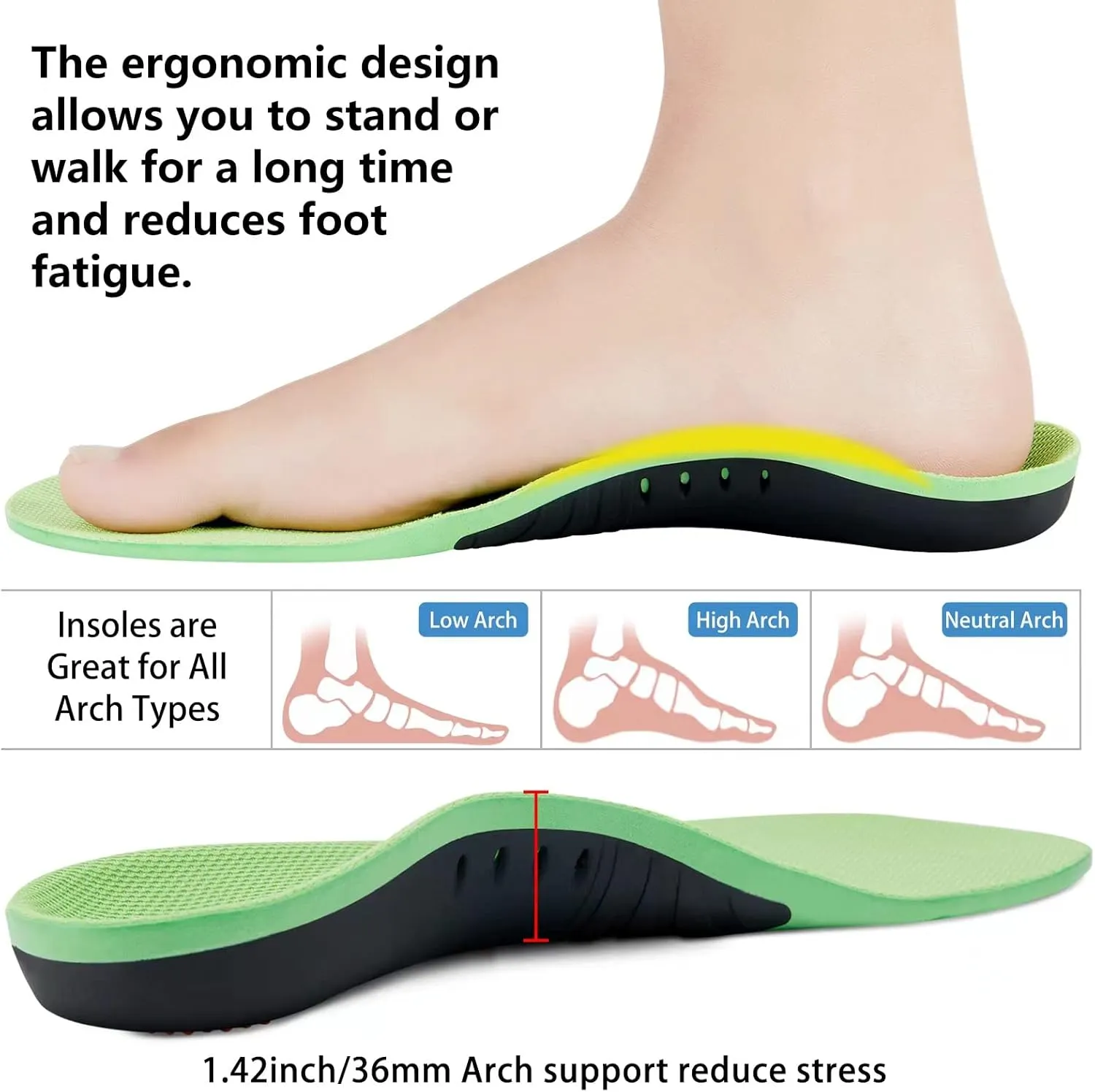 Plantar Fasciitis Relief Insoles (220 lbs) Arch Support Insoles for Flat Feet, Work Boot Insoles, Memory Foam Arch Support Inserts for Men & Women, Gel Orthotic Insoles for Standing All Day