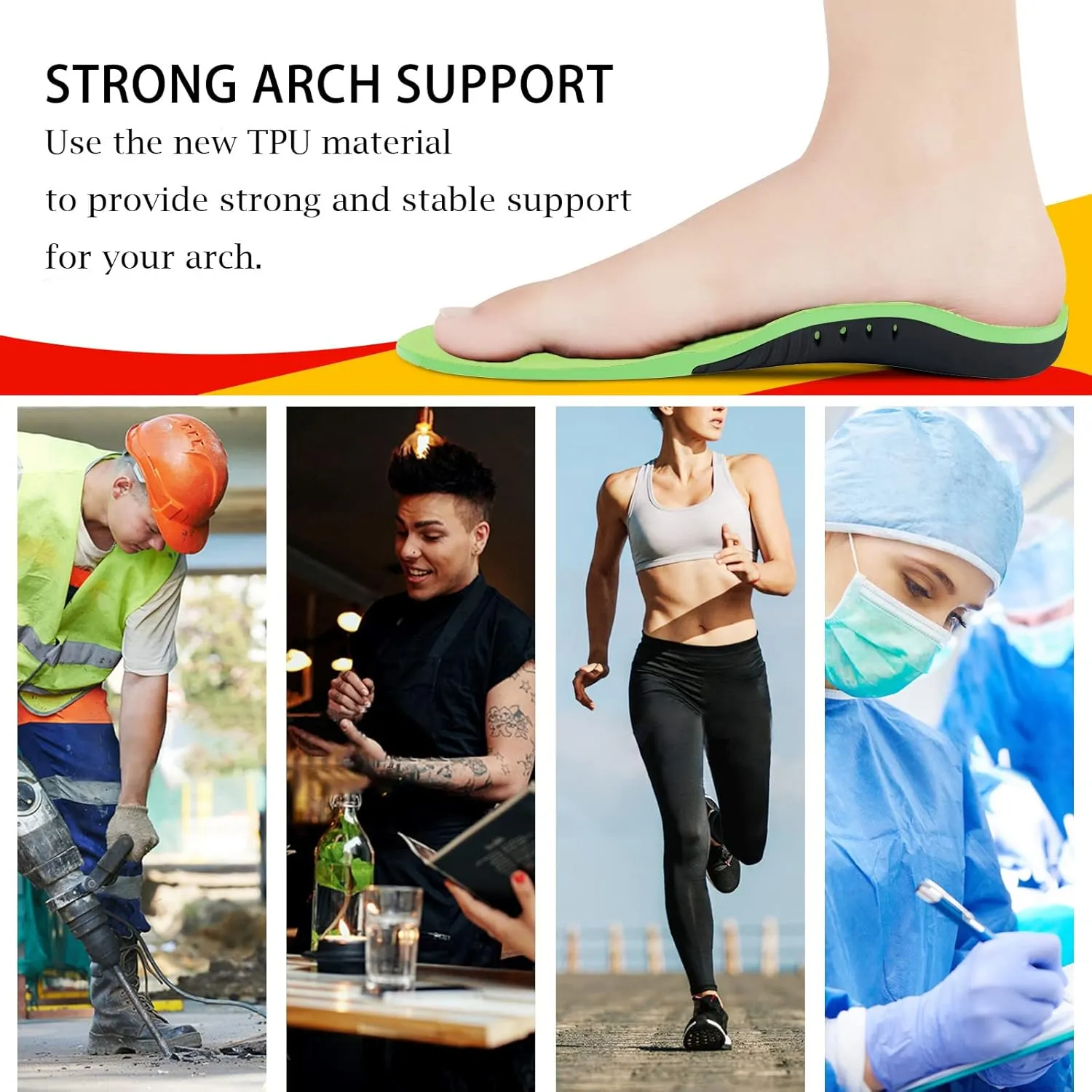 Plantar Fasciitis Relief Insoles (220 lbs) Arch Support Insoles for Flat Feet, Work Boot Insoles, Memory Foam Arch Support Inserts for Men & Women, Gel Orthotic Insoles for Standing All Day