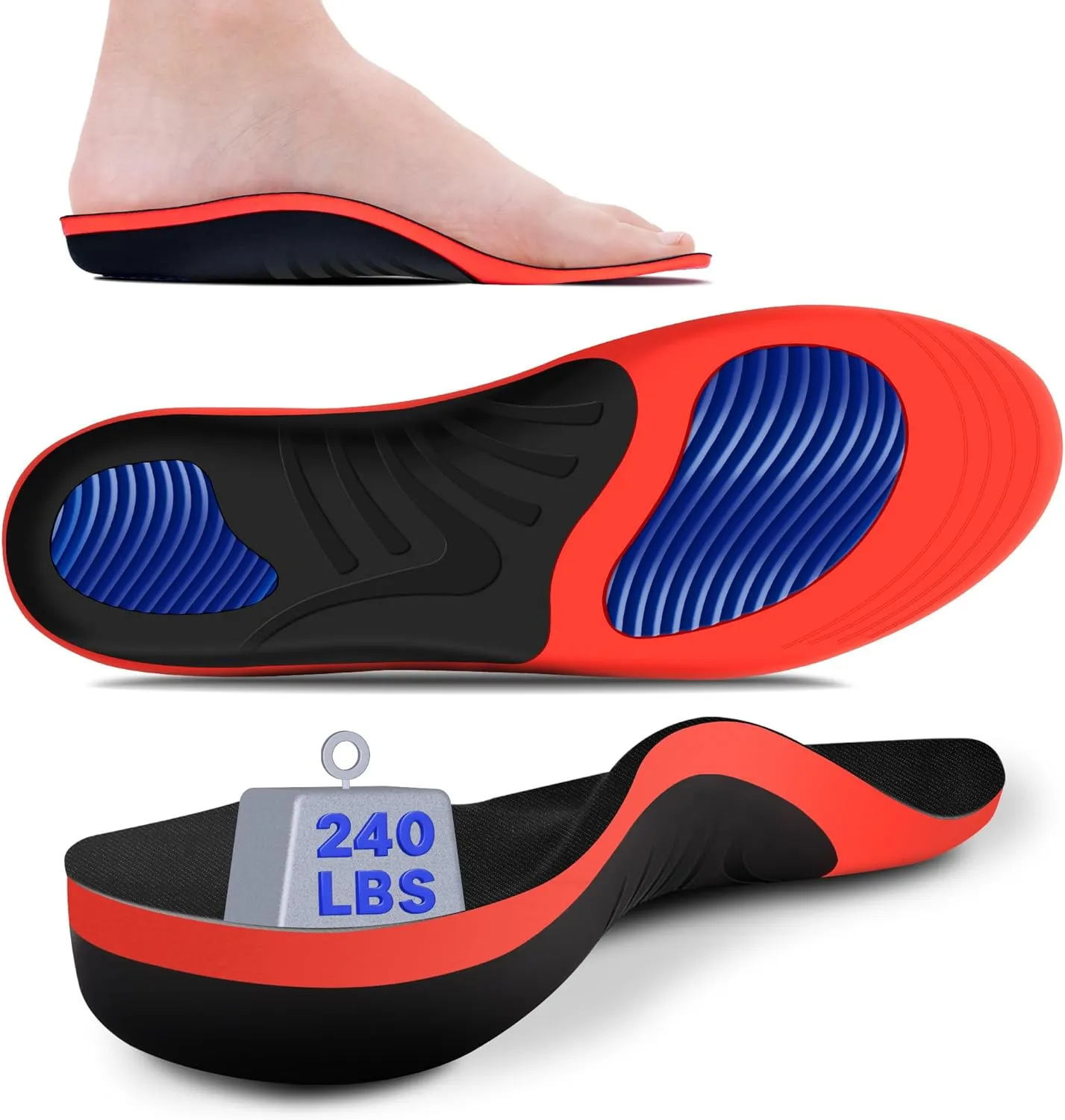 Plantar Fasciitis Relief Insoles Men Women, 240 lbs High Arch Support Inserts with Comfort Cushion for Planters Facetious Relief [Trim-to-Fit Shoe Inserts Men 12-14/Women 13.5-15.5]