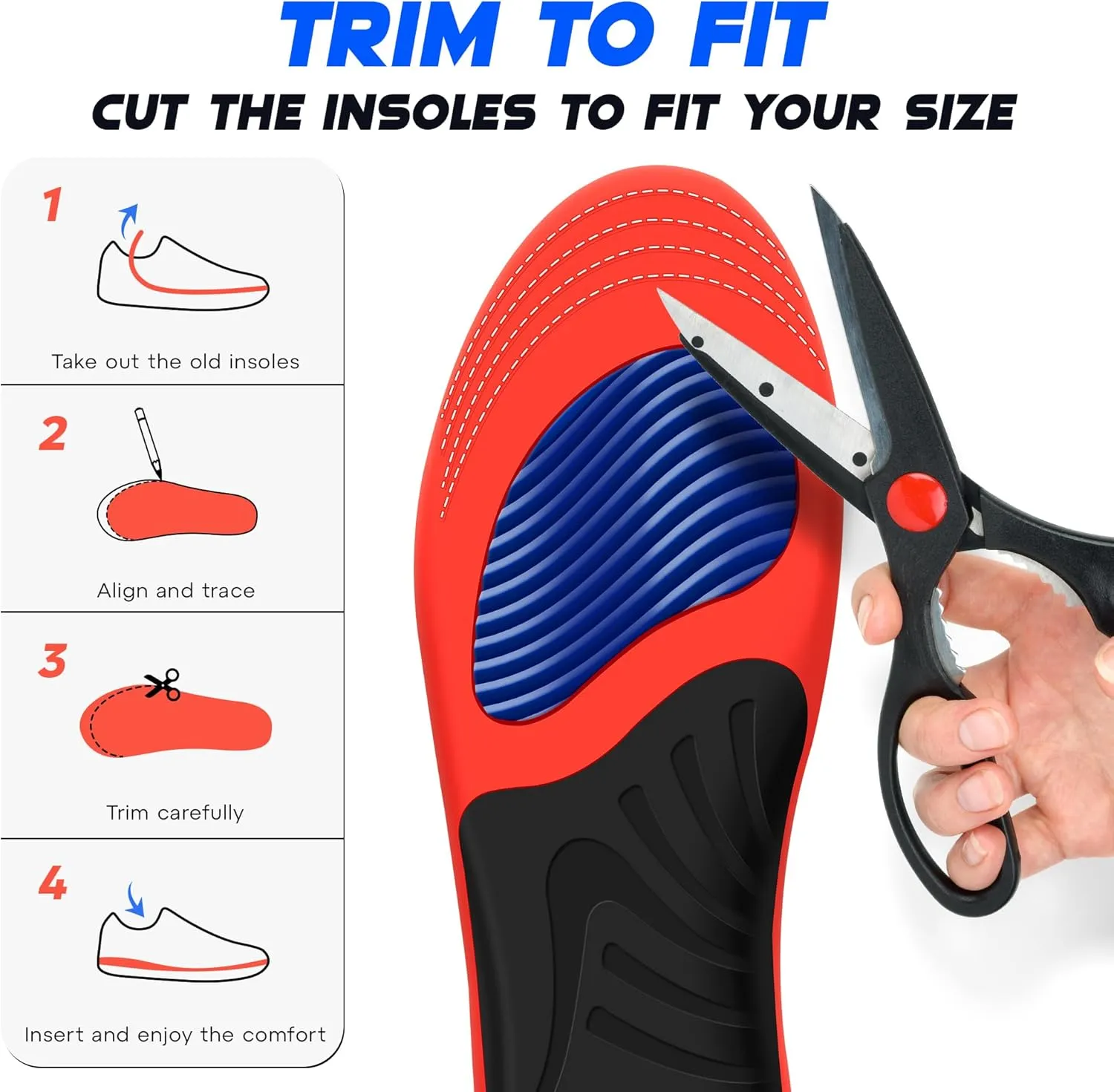 Plantar Fasciitis Relief Insoles Men Women, 240 lbs High Arch Support Inserts with Comfort Cushion for Planters Facetious Relief [Trim-to-Fit Shoe Inserts Men 12-14/Women 13.5-15.5]