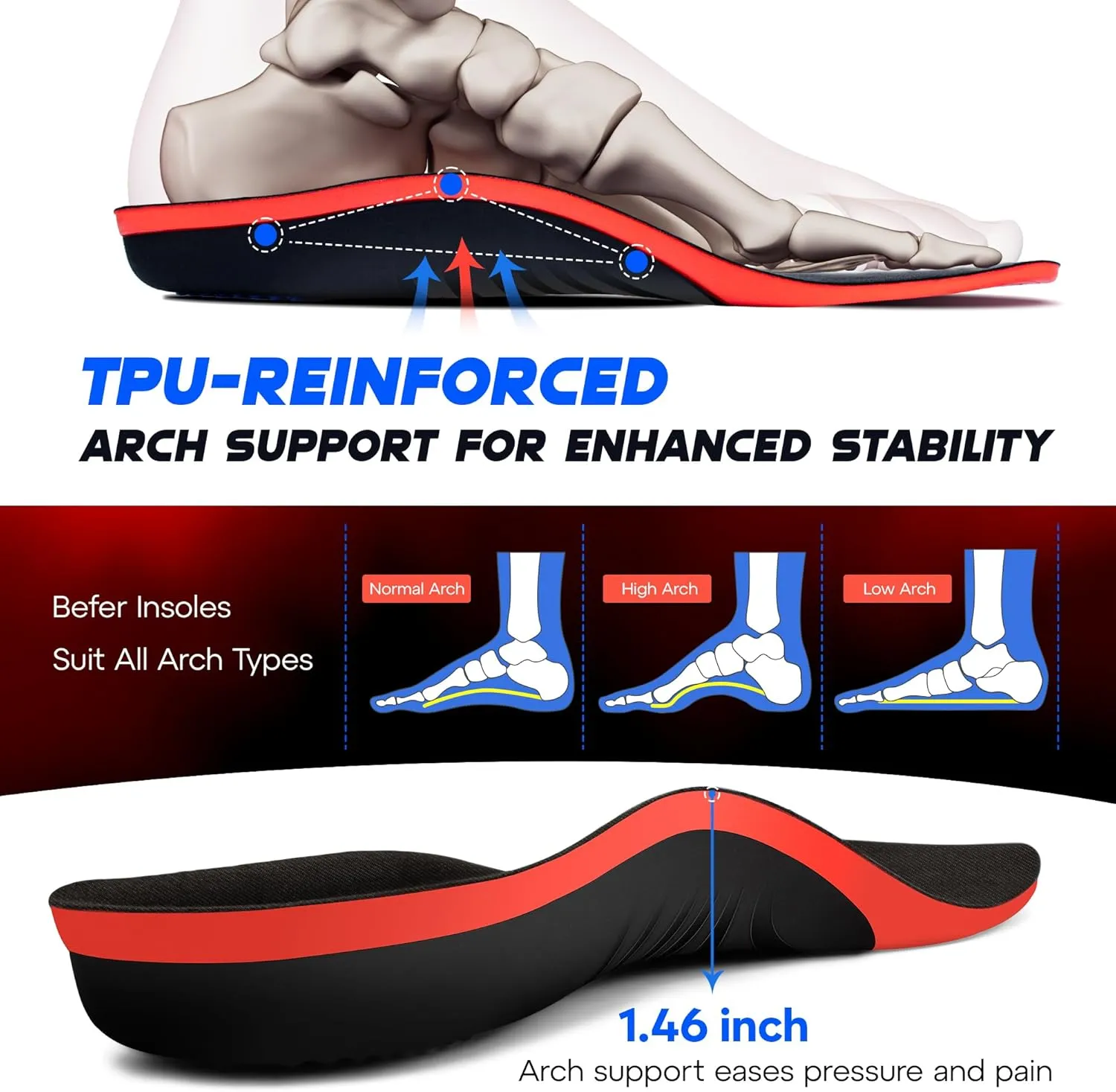 Plantar Fasciitis Relief Insoles Men Women, 240 lbs High Arch Support Inserts with Comfort Cushion for Planters Facetious Relief [Trim-to-Fit Shoe Inserts Men 12-14/Women 13.5-15.5]