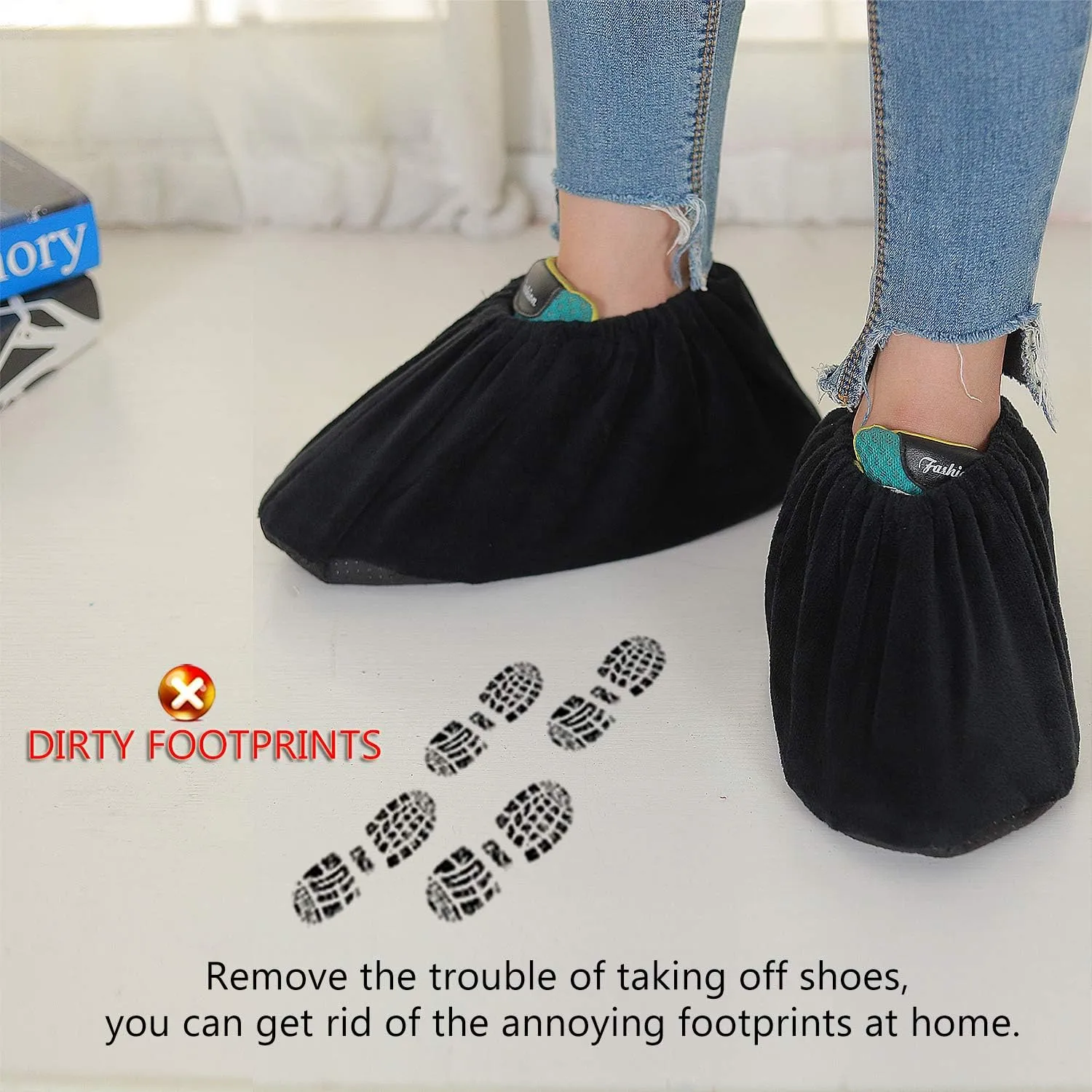PlasMaller 10 Pairs Black Non Slip Washable Reusable Shoe Covers For Household Thickened Boot Covers, XL