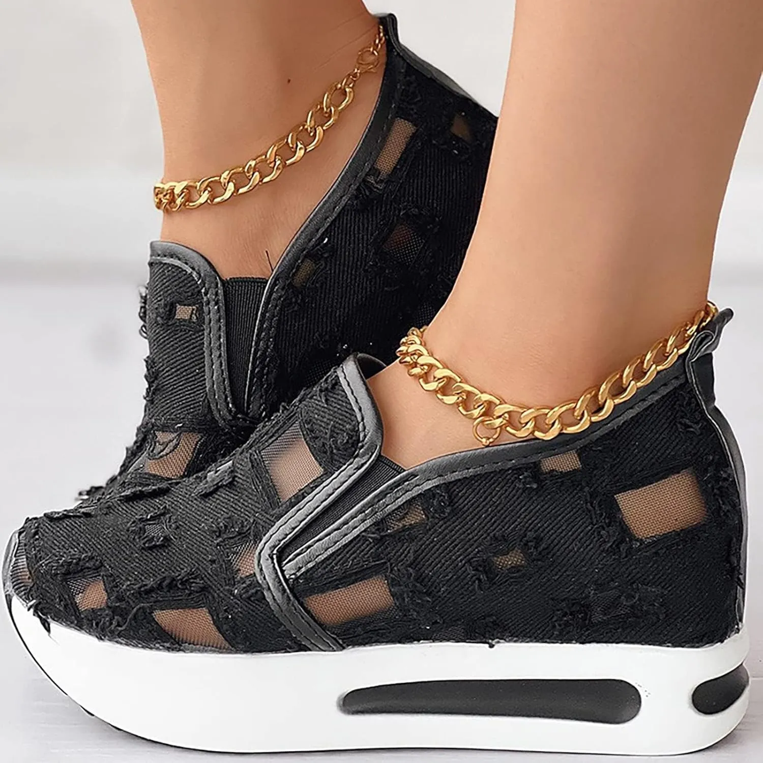 Platform Wedge Sneakers for Women Slip on Loafers Comfortable Thick Soft Shoes Arch Support Walking Work Shoes Breathable Sheer Mesh Lace Fashion Shoe Comfort Sneaker