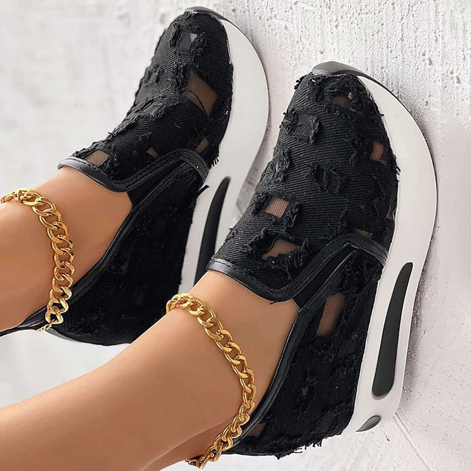 Platform Wedge Sneakers for Women Slip on Loafers Comfortable Thick Soft Shoes Arch Support Walking Work Shoes Breathable Sheer Mesh Lace Fashion Shoe Comfort Sneaker