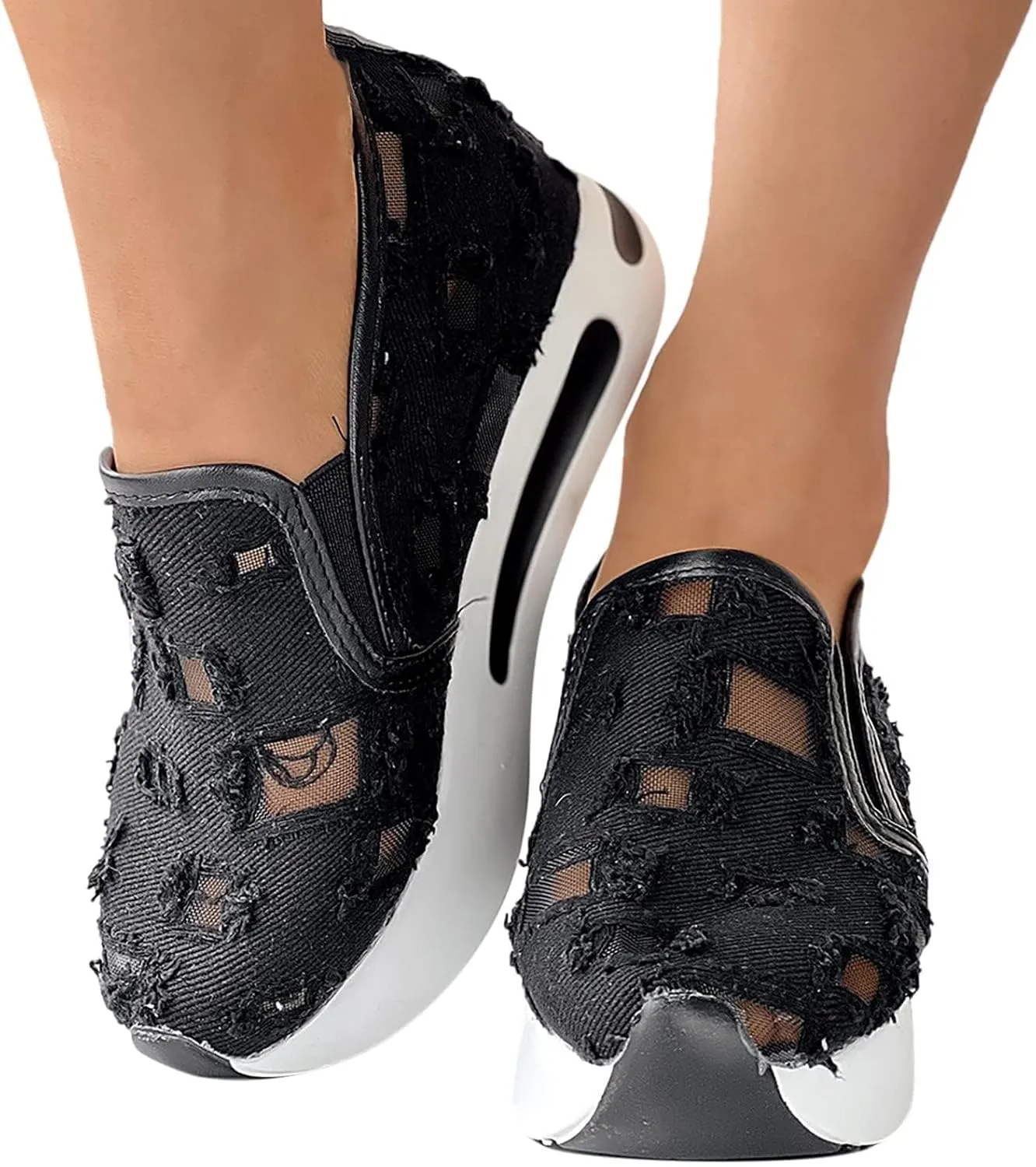 Platform Wedge Sneakers for Women Slip on Loafers Comfortable Thick Soft Shoes Arch Support Walking Work Shoes Breathable Sheer Mesh Lace Fashion Shoe Comfort Sneaker