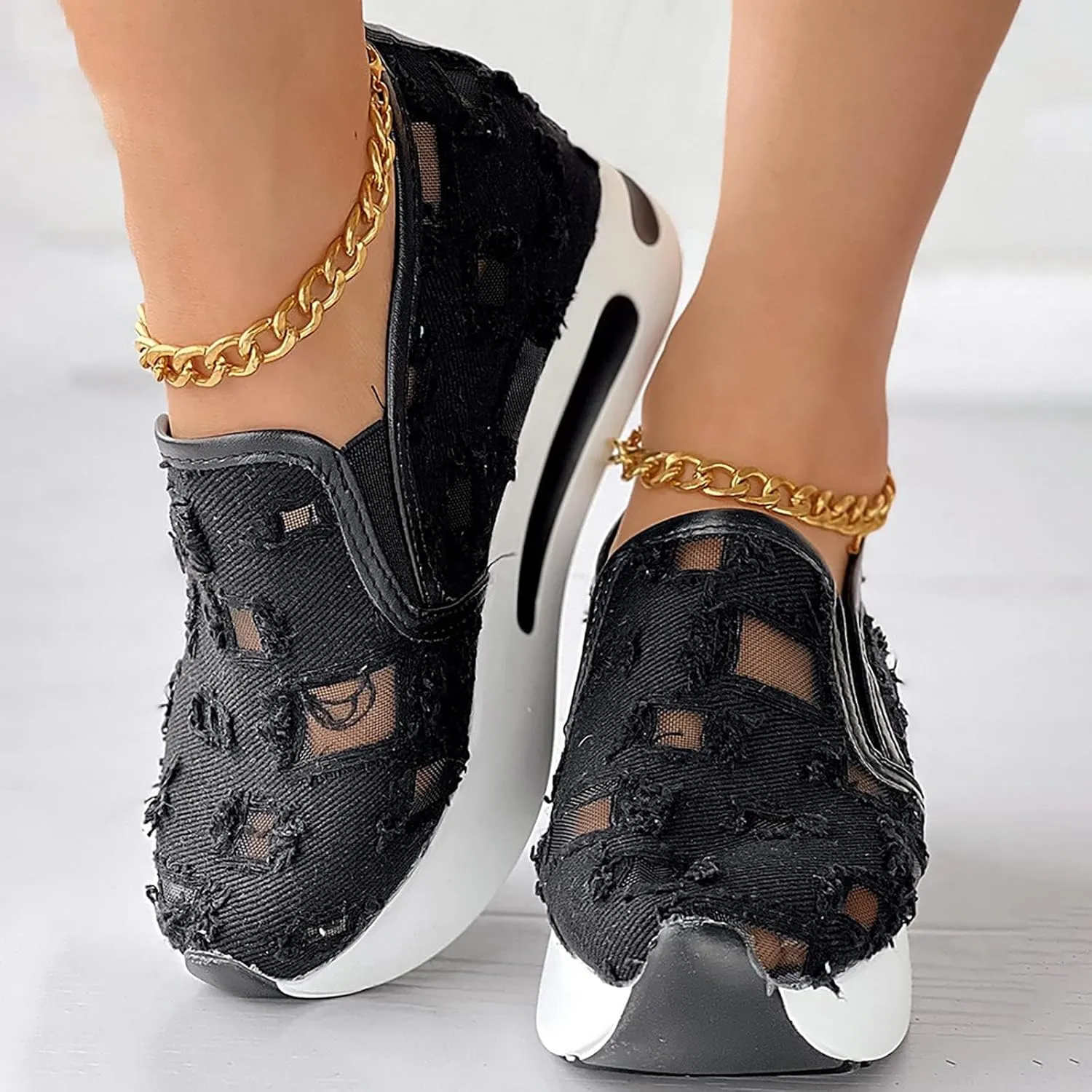 Platform Wedge Sneakers for Women Slip on Loafers Comfortable Thick Soft Shoes Arch Support Walking Work Shoes Breathable Sheer Mesh Lace Fashion Shoe Comfort Sneaker
