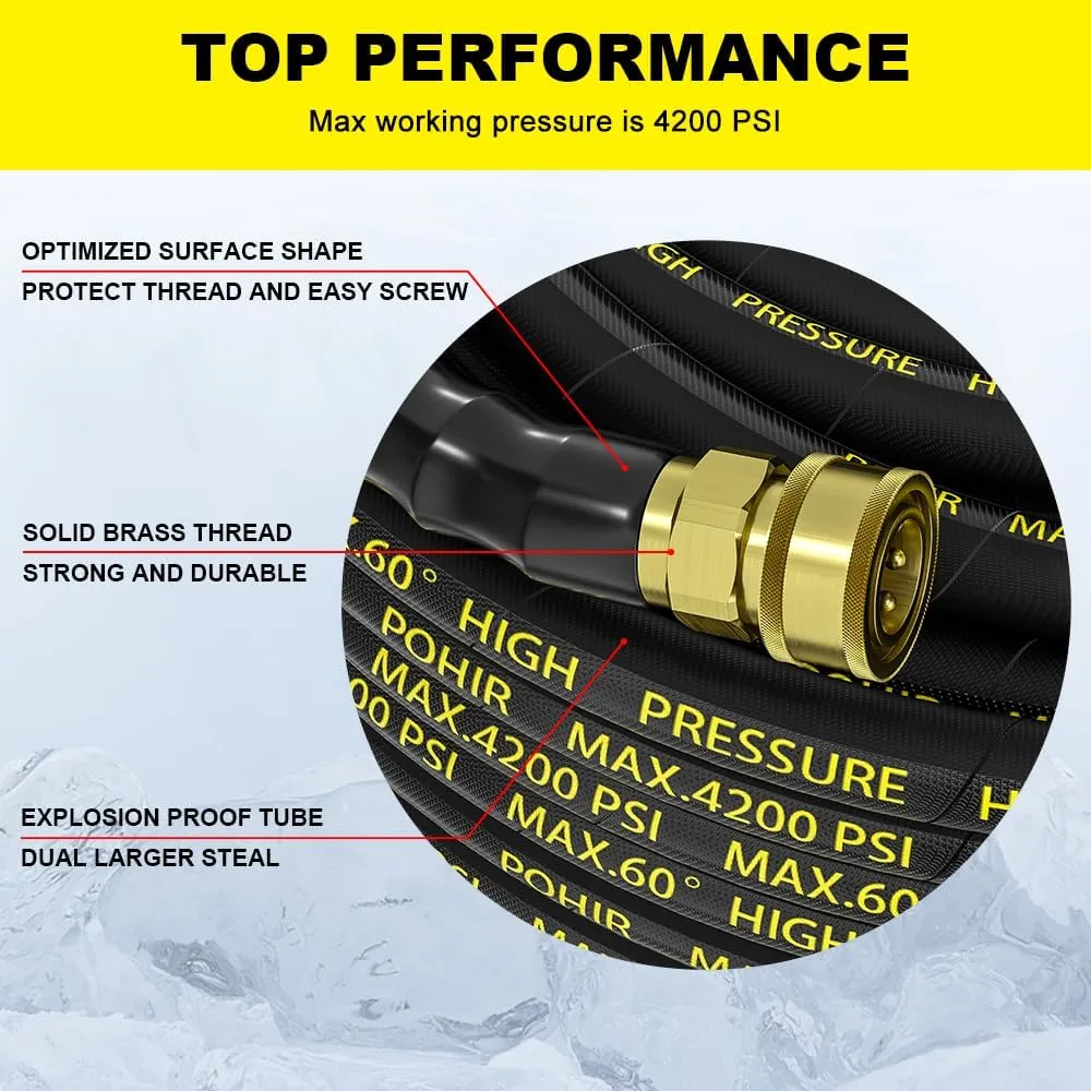 POHIR Pressure Washer Hose 50 ft with 3/8 Inch Quick Connect, Kink Resistant High Tensile Wire Braided,with 2 pcs M22 14mm Adapter Set, 4200 PSI Power Washer Hose