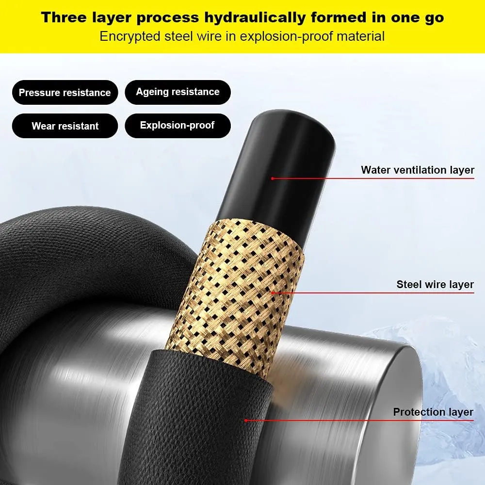 POHIR Pressure Washer Hose 50 ft with 3/8 Inch Quick Connect, Kink Resistant High Tensile Wire Braided,with 2 pcs M22 14mm Adapter Set, 4200 PSI Power Washer Hose