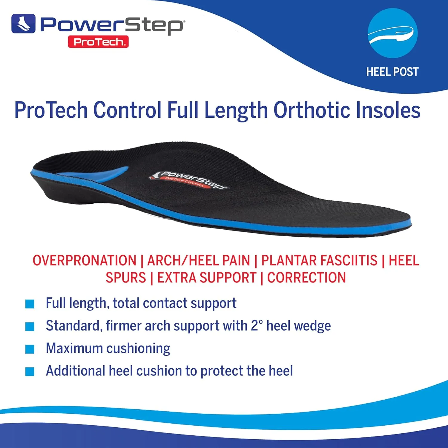 PowerStep ProTech Control Orthotic Insoles - Medical Grade Arch Support Inserts for Plantar Fasciitis Relief- Made in USA - Maximum Cushioning   ShockAbsorb Orthotic (M 7-7.5 W 9-9.5)