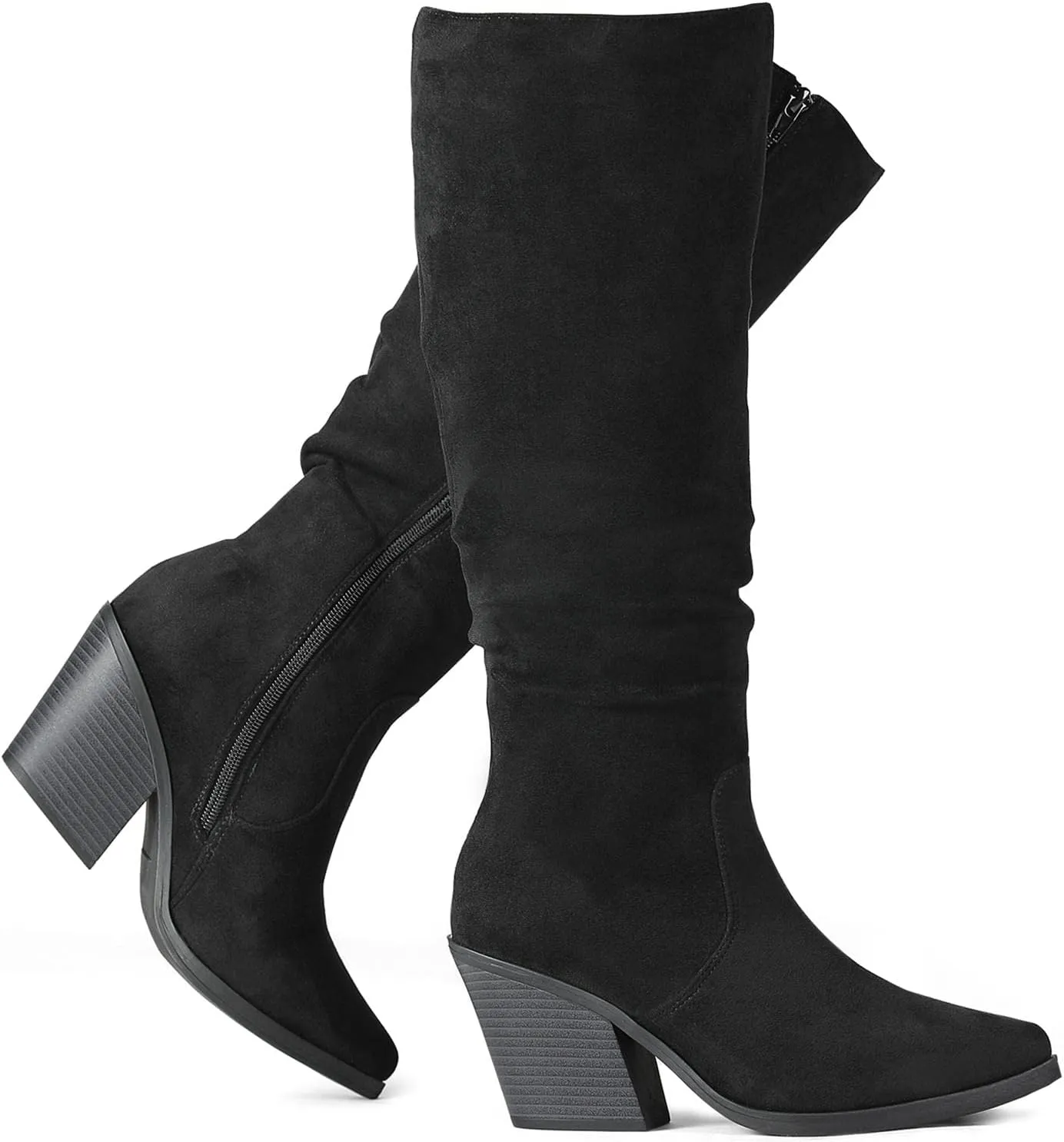 Putu Women's Pointed Toe Knee High Boots Faux Suede Stacked Chunky Heel Boots Side Zipper Slouchy High Boots