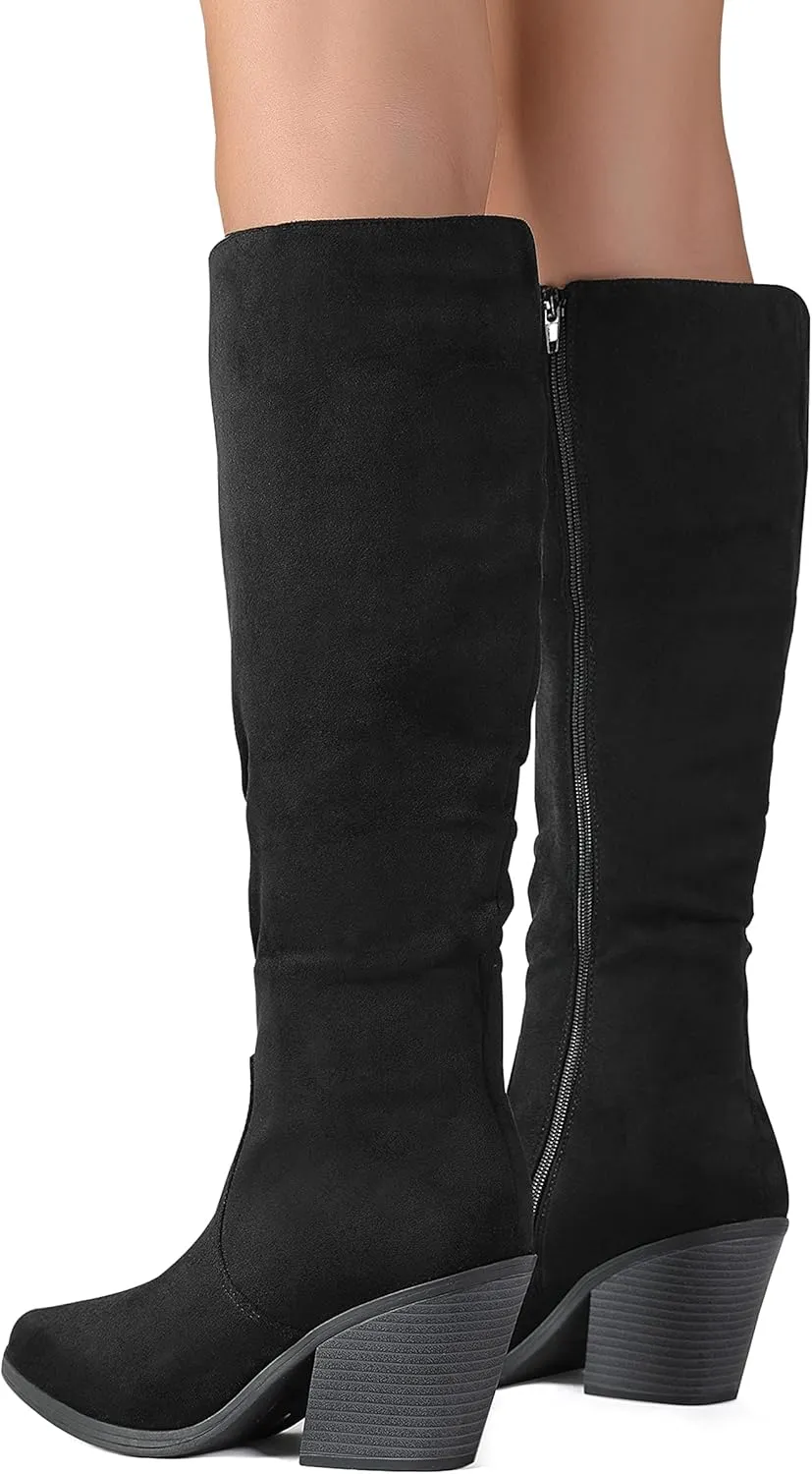 Putu Women's Pointed Toe Knee High Boots Faux Suede Stacked Chunky Heel Boots Side Zipper Slouchy High Boots
