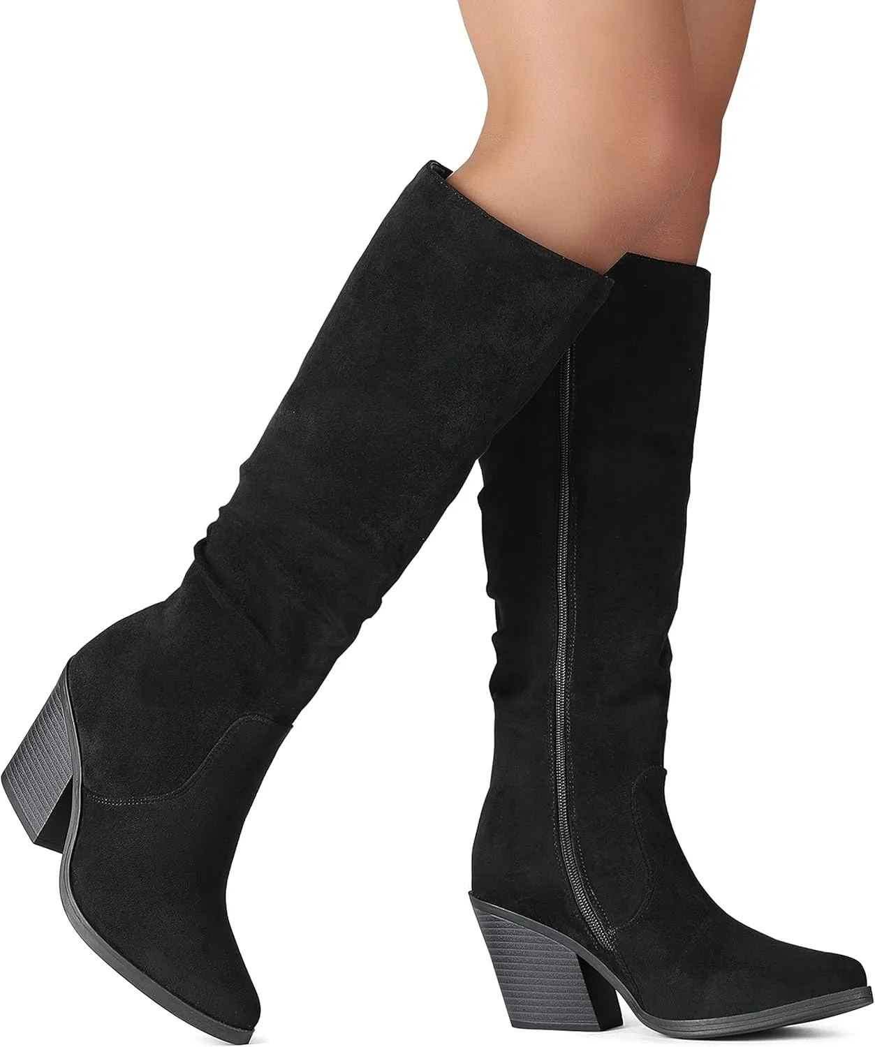 Putu Women's Pointed Toe Knee High Boots Faux Suede Stacked Chunky Heel Boots Side Zipper Slouchy High Boots