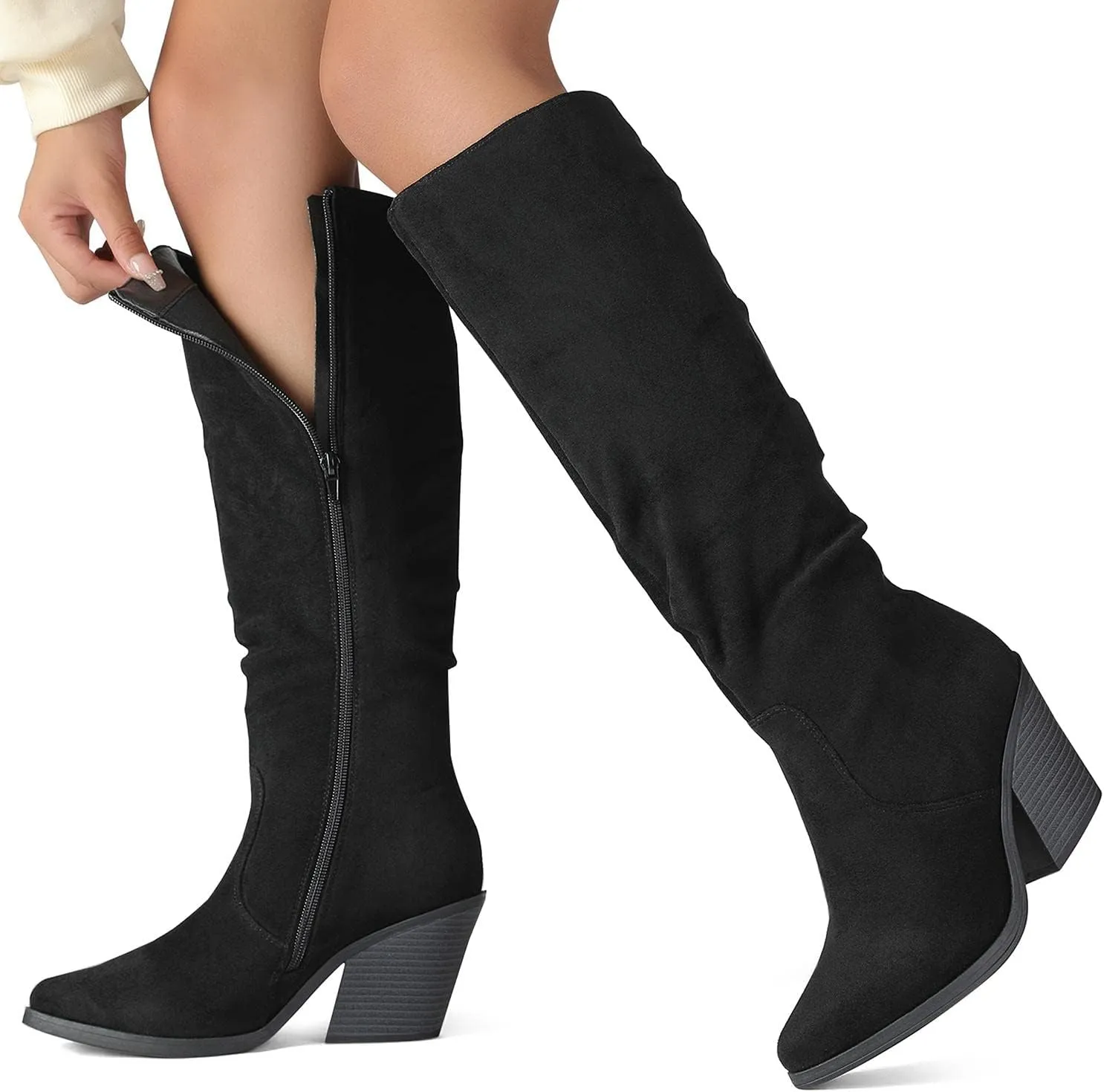 Putu Women's Pointed Toe Knee High Boots Faux Suede Stacked Chunky Heel Boots Side Zipper Slouchy High Boots