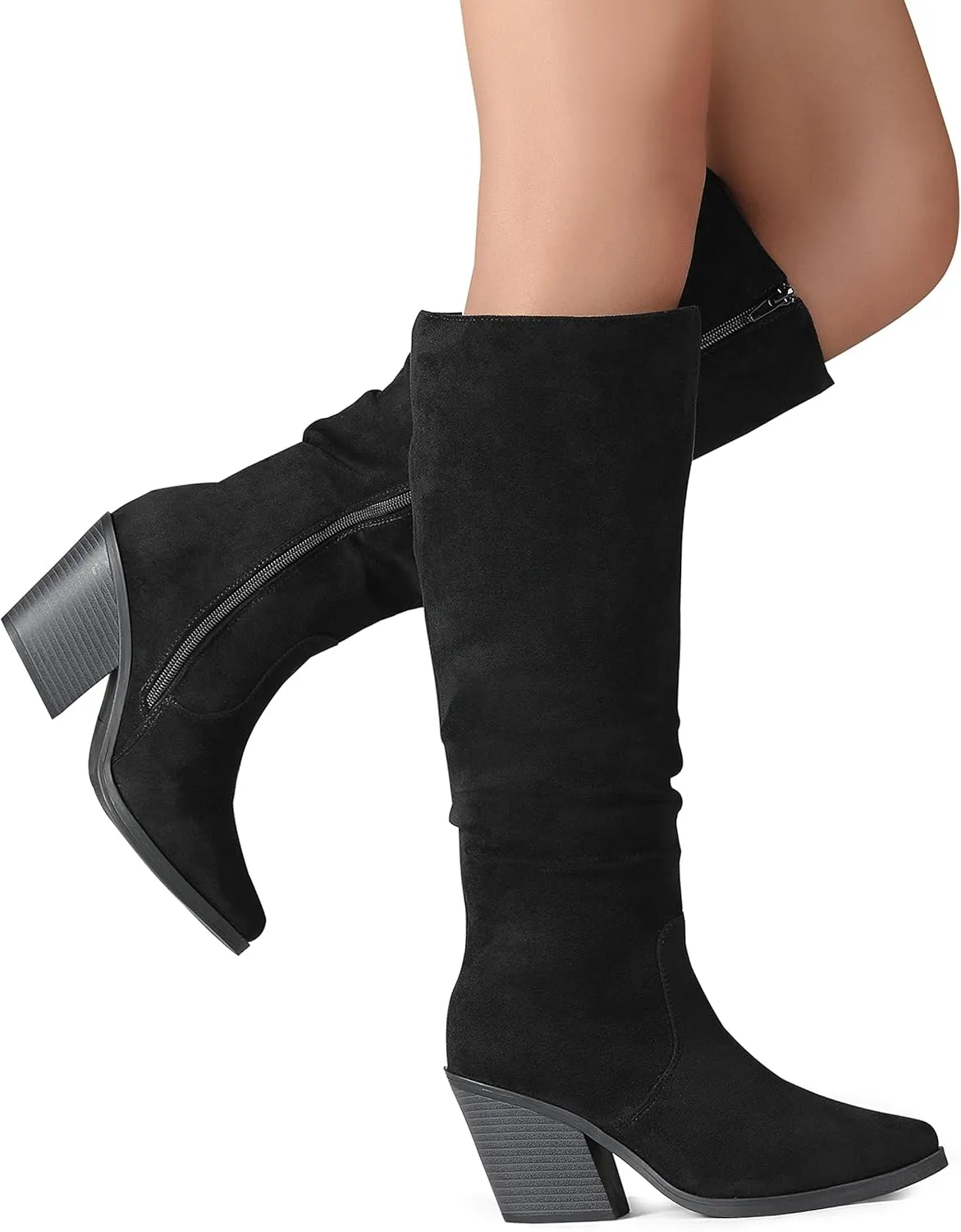 Putu Women's Pointed Toe Knee High Boots Faux Suede Stacked Chunky Heel Boots Side Zipper Slouchy High Boots