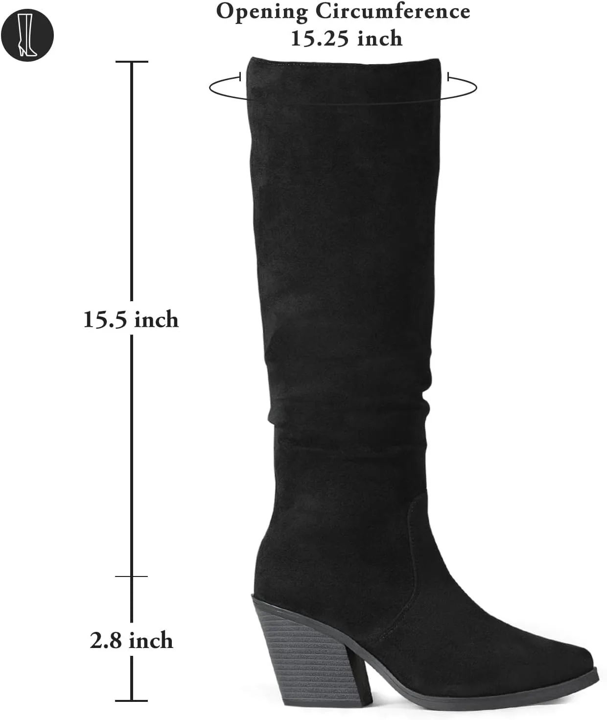 Putu Women's Pointed Toe Knee High Boots Faux Suede Stacked Chunky Heel Boots Side Zipper Slouchy High Boots
